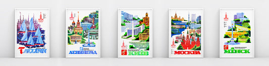 Series of 5 Soviet Olympic posters: Tallinn, Leningrad, Kyiv, Moscow, Minsk