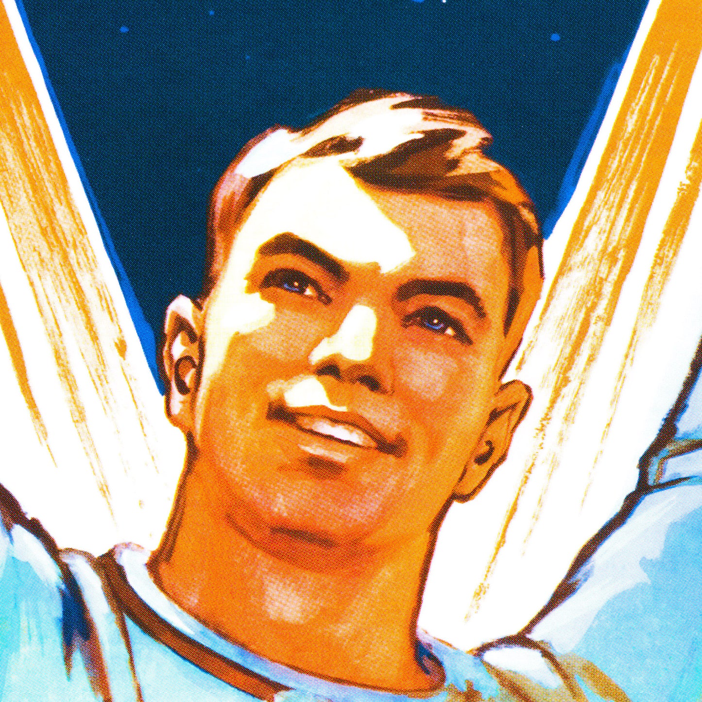 Rare Soviet space poster featuring a heroic young man reaching for the cosmos, with Vostok 1 and Vostok 2 rockets launching into space. High-resolution print on premium Japanese paper. Closeup print details