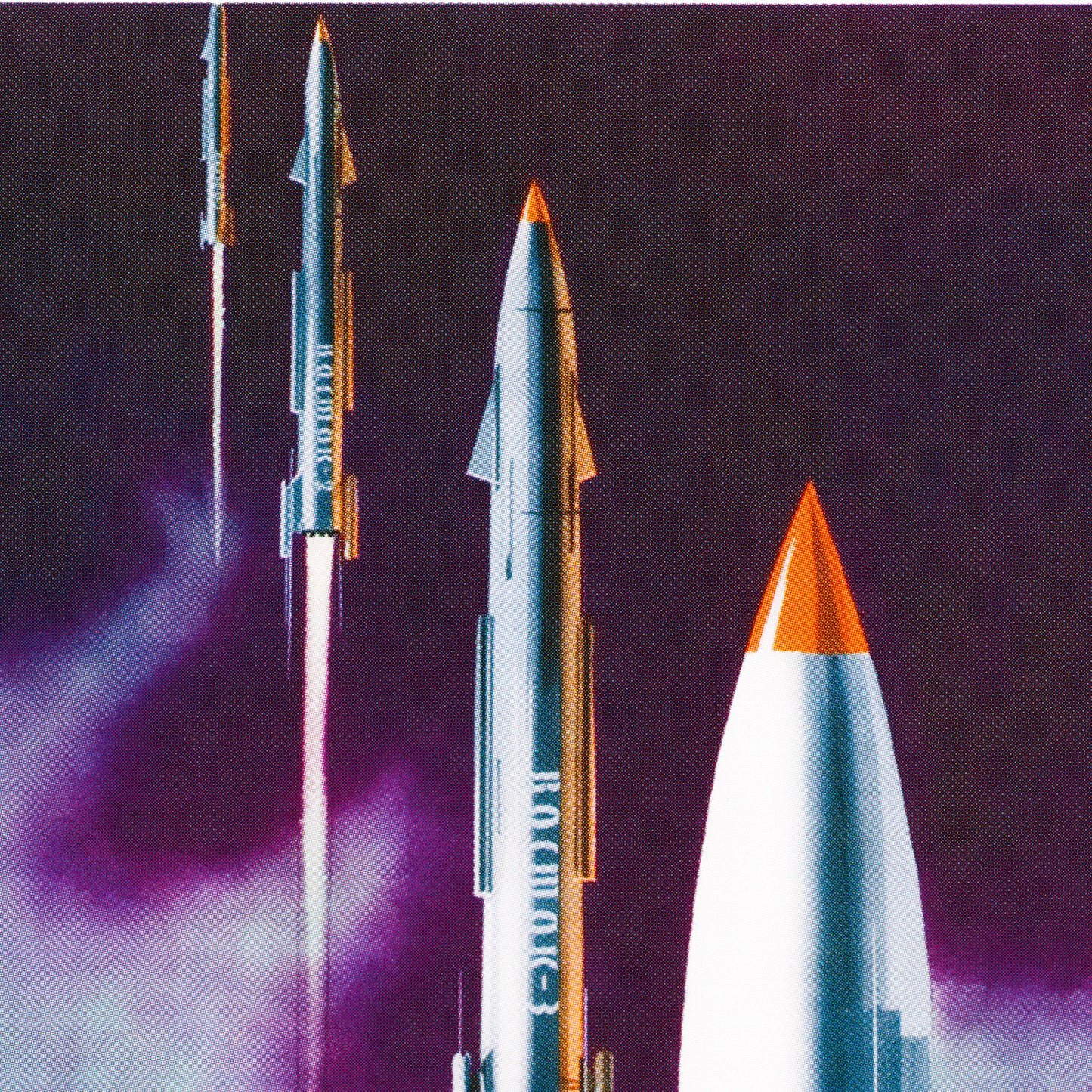 Rare Soviet space poster with a dramatic illustration of Vostok 1, 2, 3, and 4 rockets launching into space, symbolizing the power of socialism as a foundation for space exploration. High-resolution print on premium Japanese paper. Closeup print quality details.