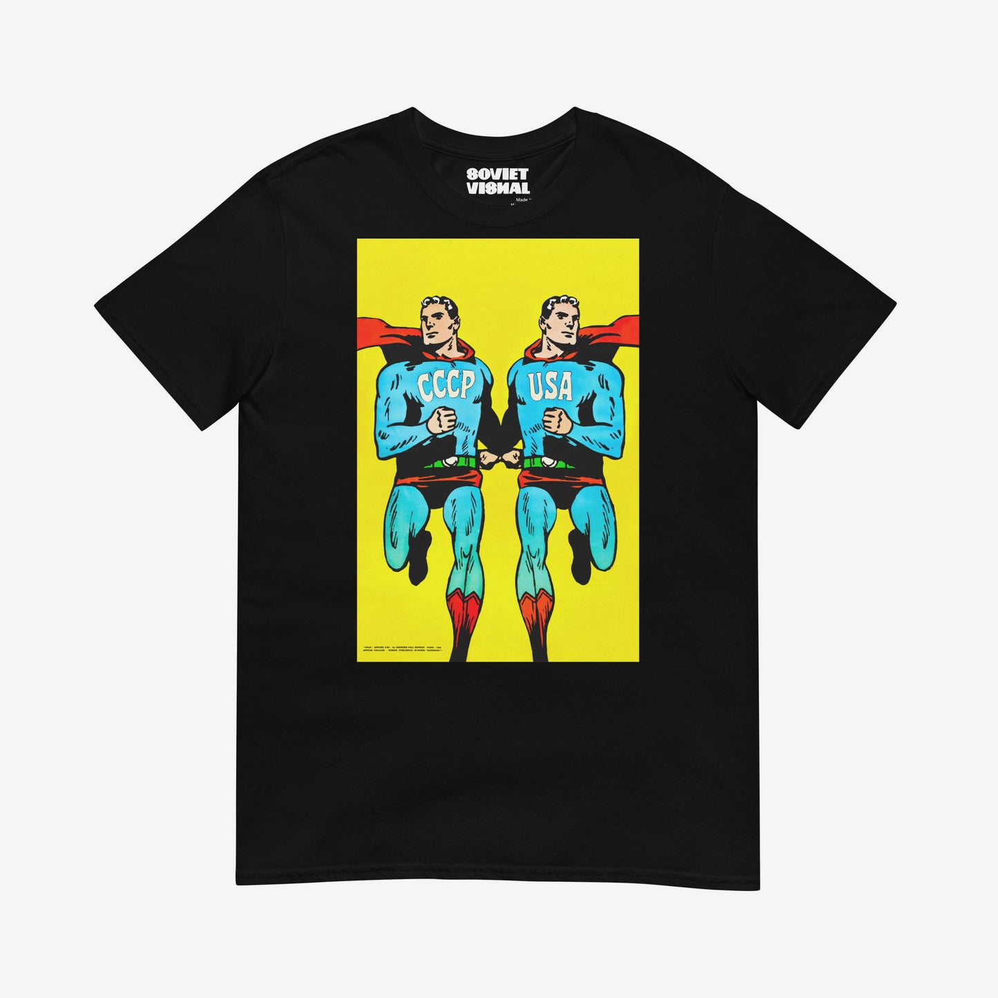 Superpowers T-shirt. Two supermen style figures running – CCCP and USA comic parody art