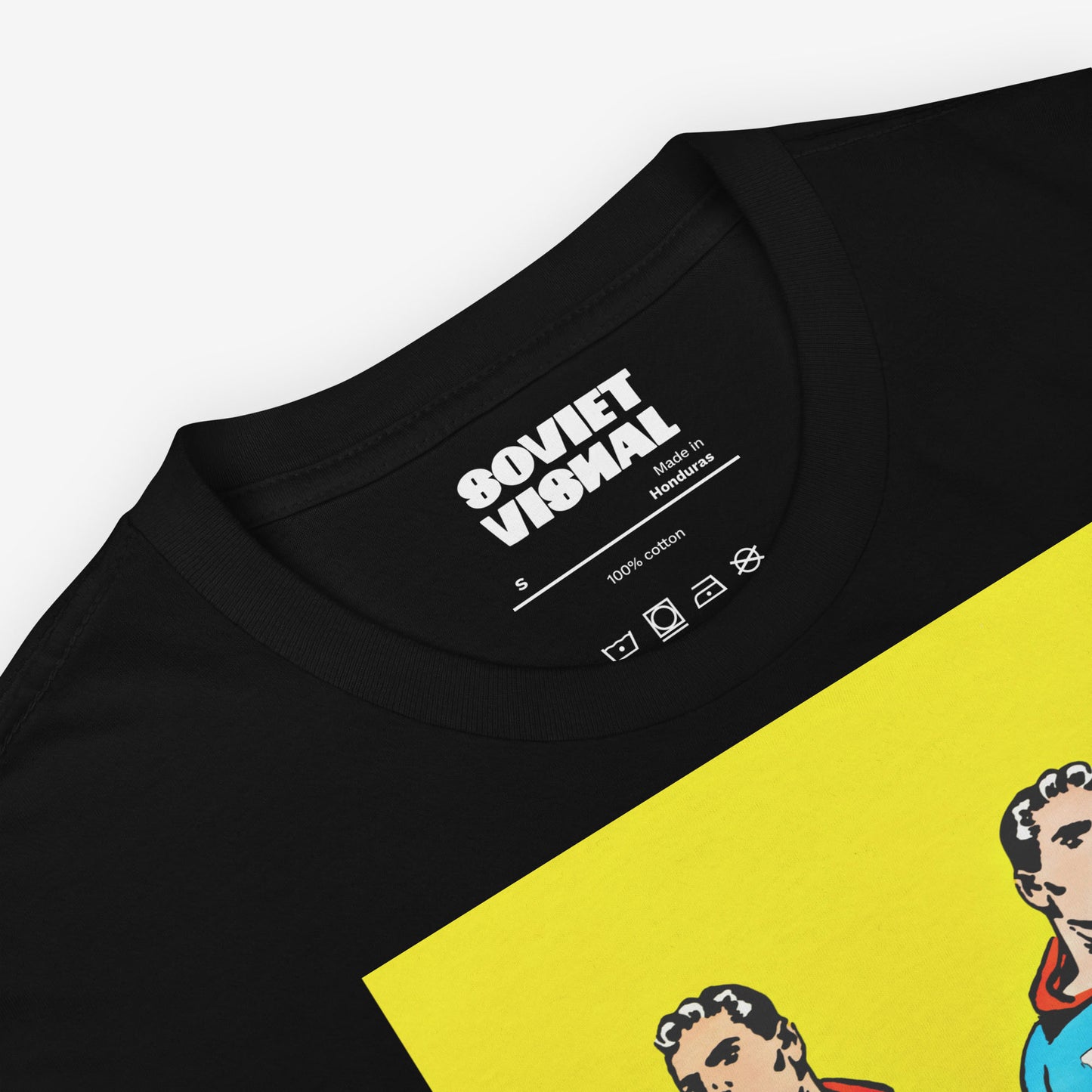 Superpowers T-shirt. Two supermen style figures running – CCCP and USA comic parody art