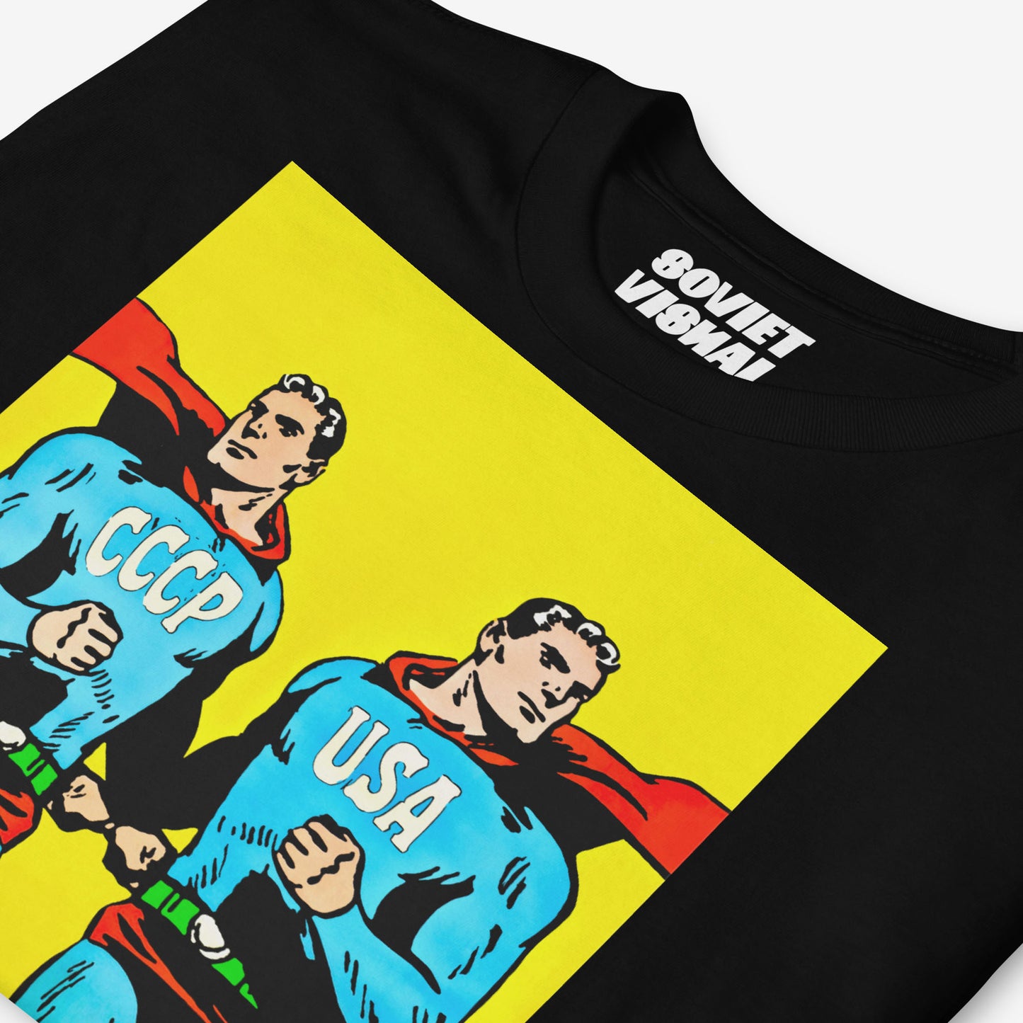 Superpowers T-shirt. Two supermen style figures running – CCCP and USA comic parody art