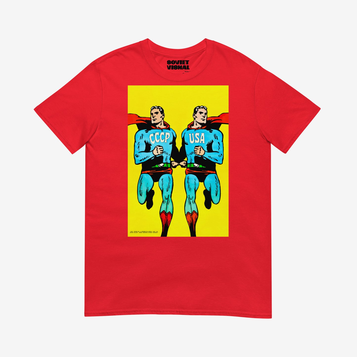 Superpowers T-shirt. Two supermen style figures running – CCCP and USA comic parody art