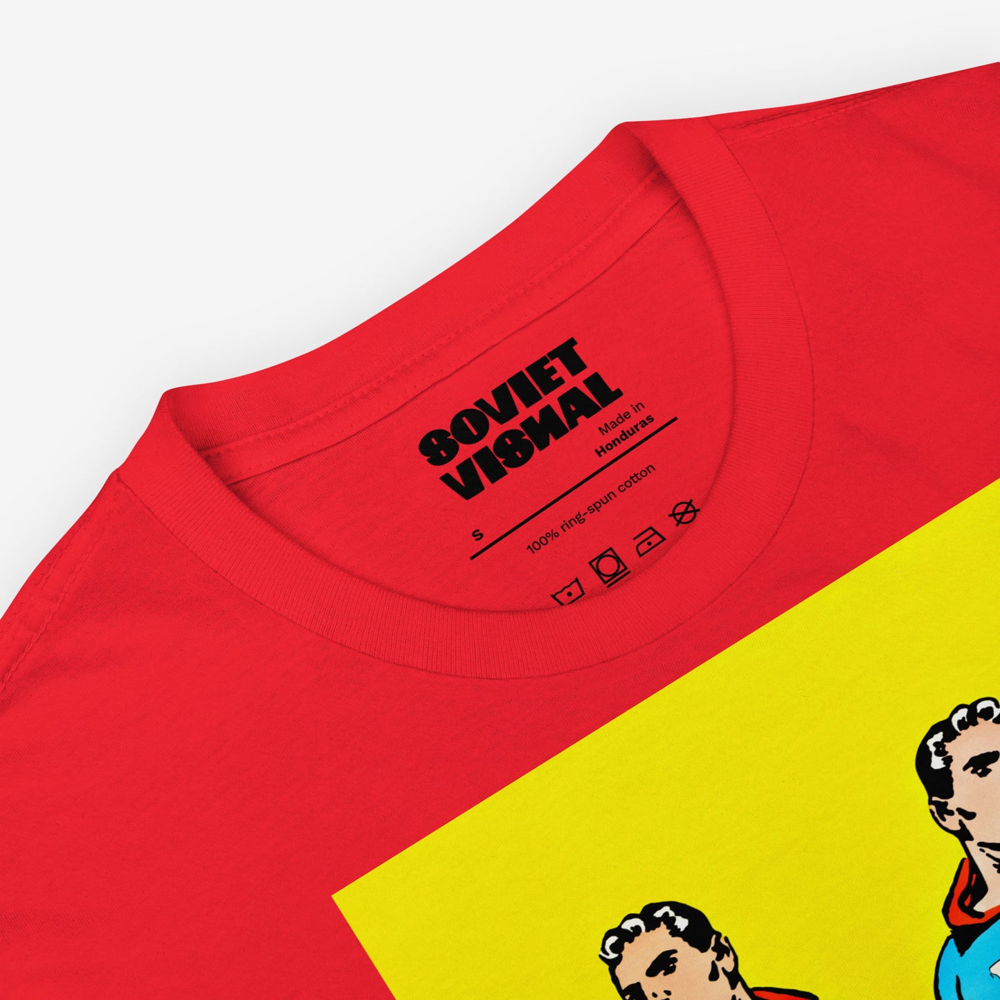 Superpowers T-shirt. Two supermen style figures running – CCCP and USA comic parody art