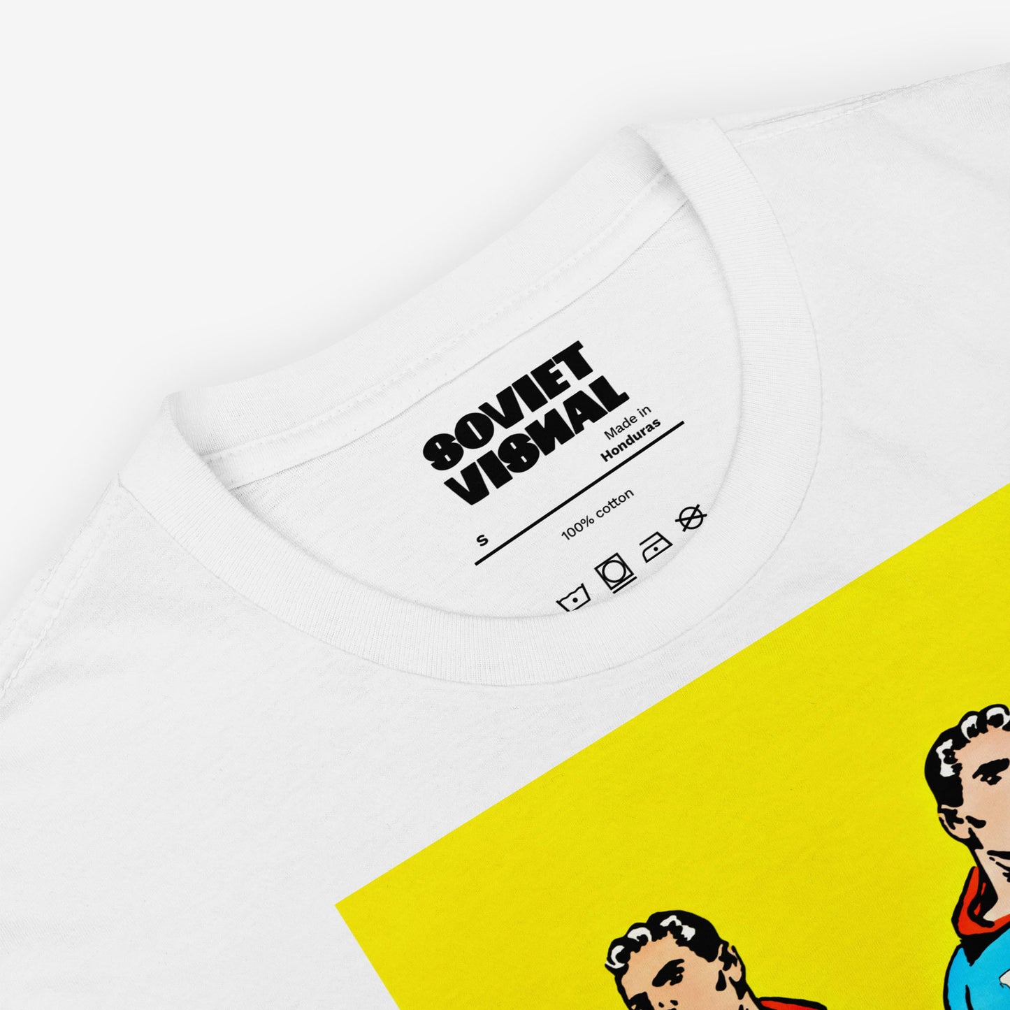 Superpowers T-shirt. Two supermen style figures running – CCCP and USA comic parody art