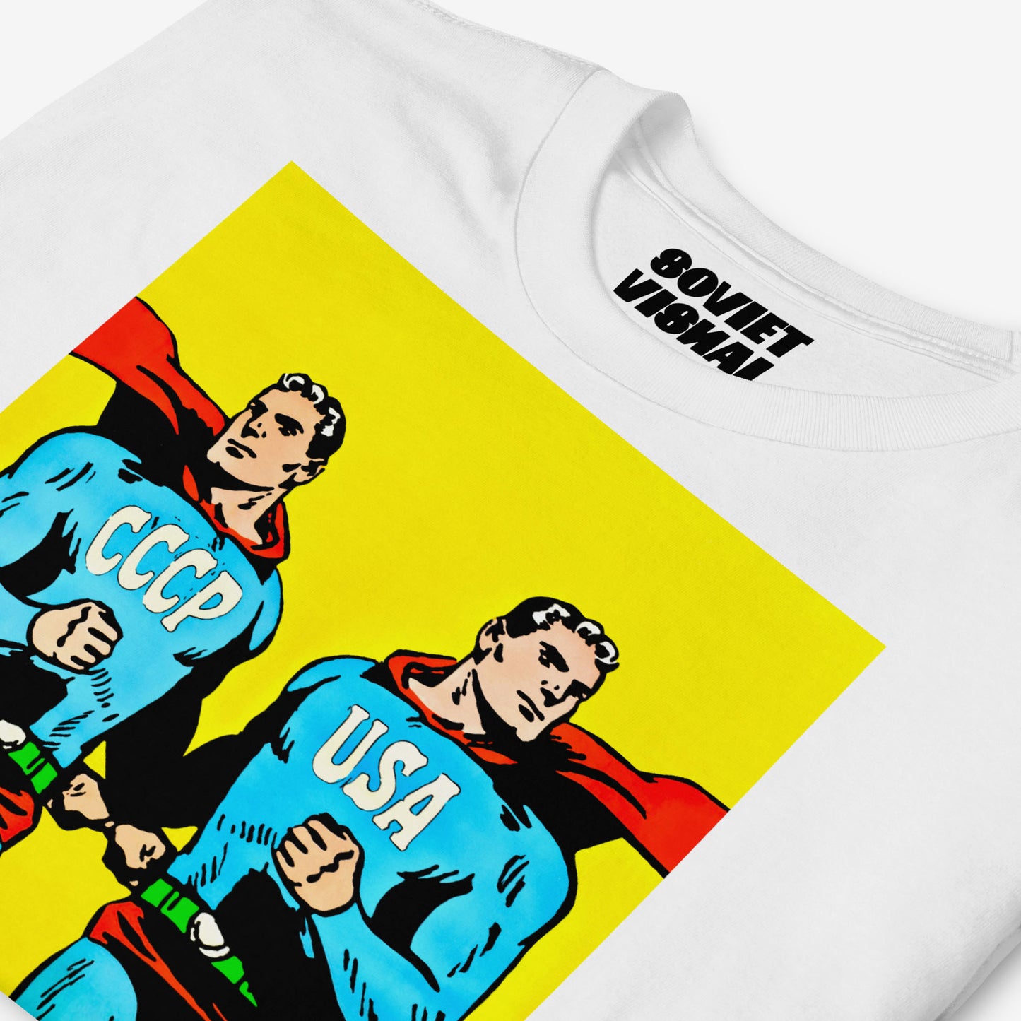 Superpowers T-shirt. Two supermen style figures running – CCCP and USA comic parody art