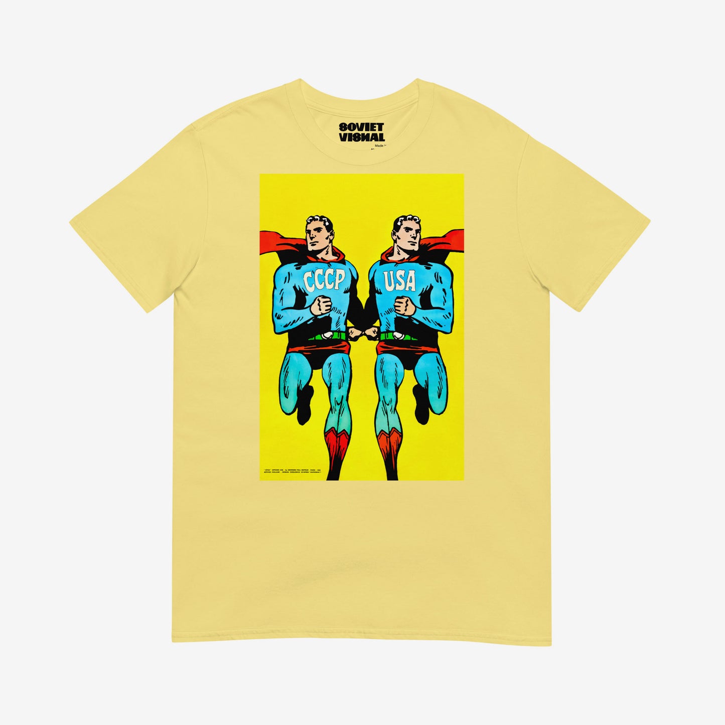 Superpowers T-shirt. Two supermen style figures running – CCCP and USA comic parody art