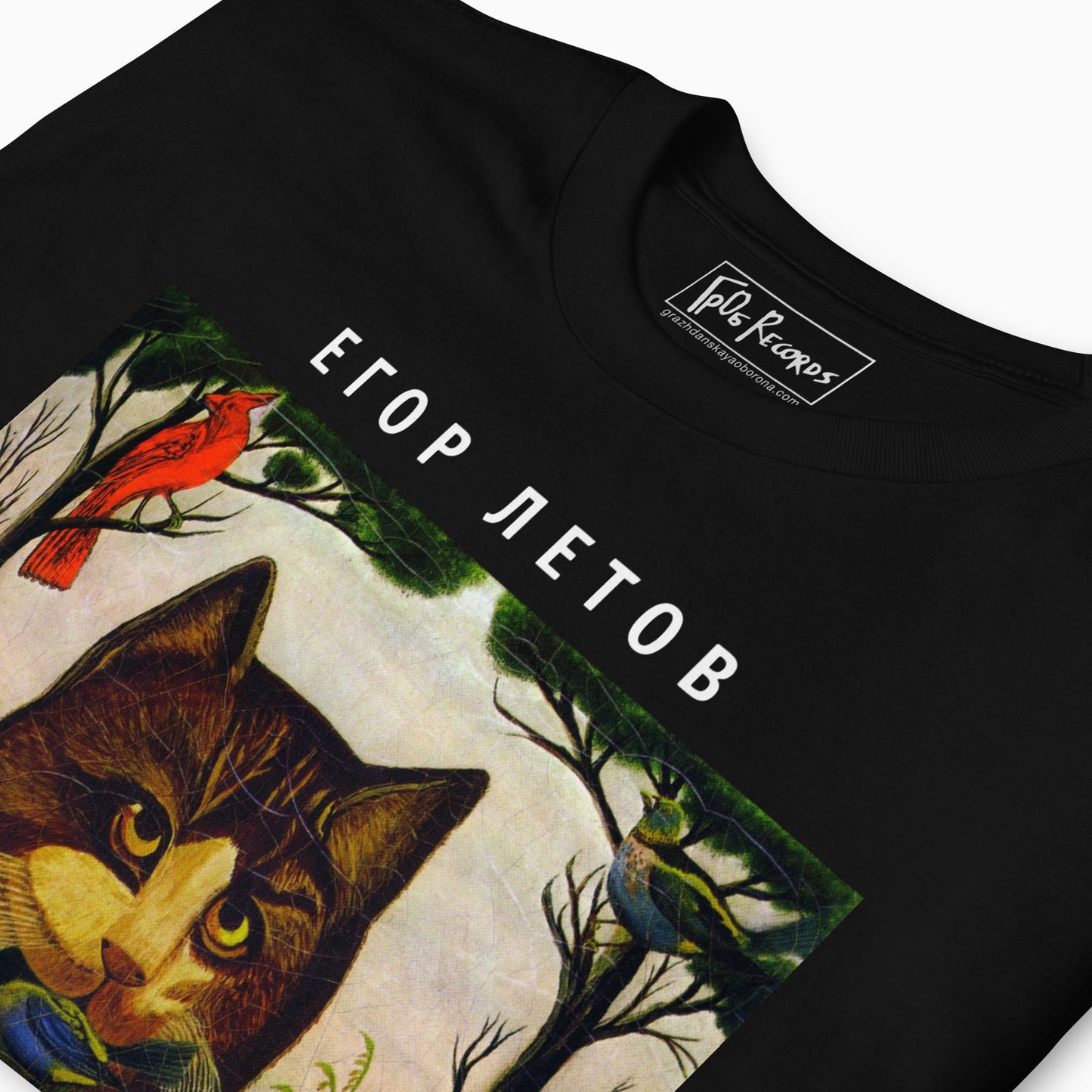 Egor Letov Grazhdanskaya Oborona GrOb T-Shirt - closeup front print with cat photo and inside label design details