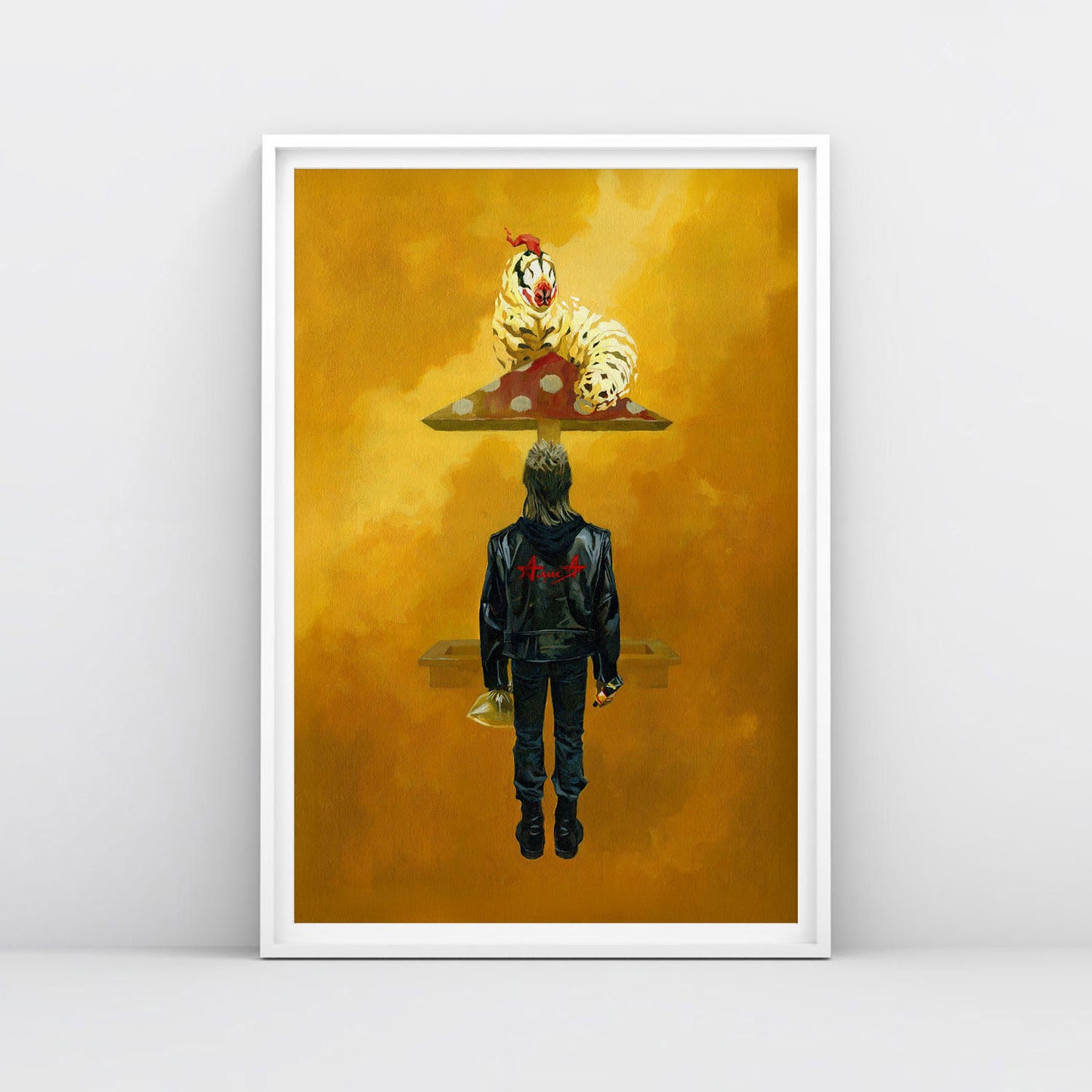Large poster of 90s Russian punk boy in Alisa leather jacket holding glue and bag under surreal mushroom playground roof with caterpillar, symbolising drug escape in post-Soviet Russia