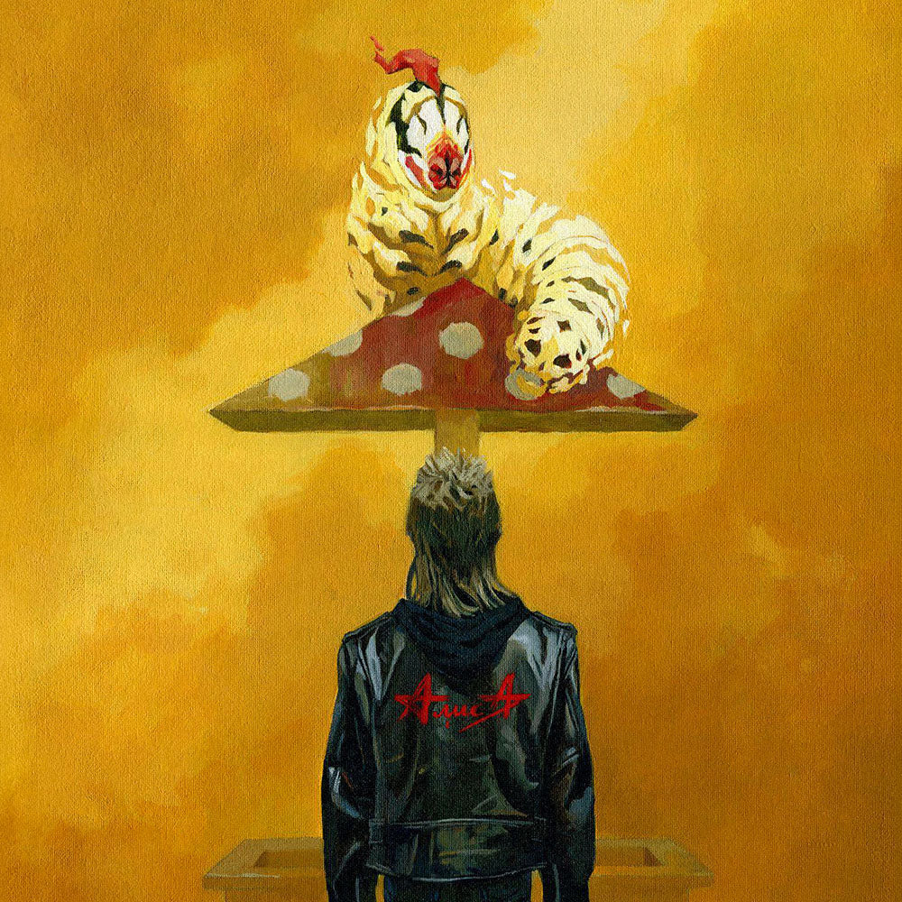 Large poster of 90s Russian punk boy in Alisa leather jacket holding glue and bag under surreal mushroom playground roof with caterpillar, symbolising drug escape in post-Soviet Russia