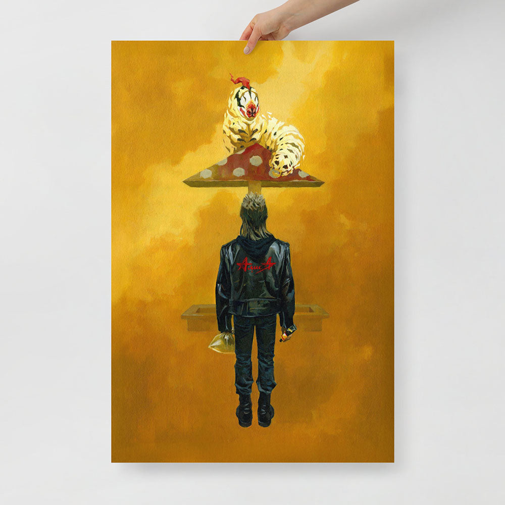 Large poster of 90s Russian punk boy in Alisa leather jacket holding glue and bag under surreal mushroom playground roof with caterpillar, symbolising drug escape in post-Soviet Russia