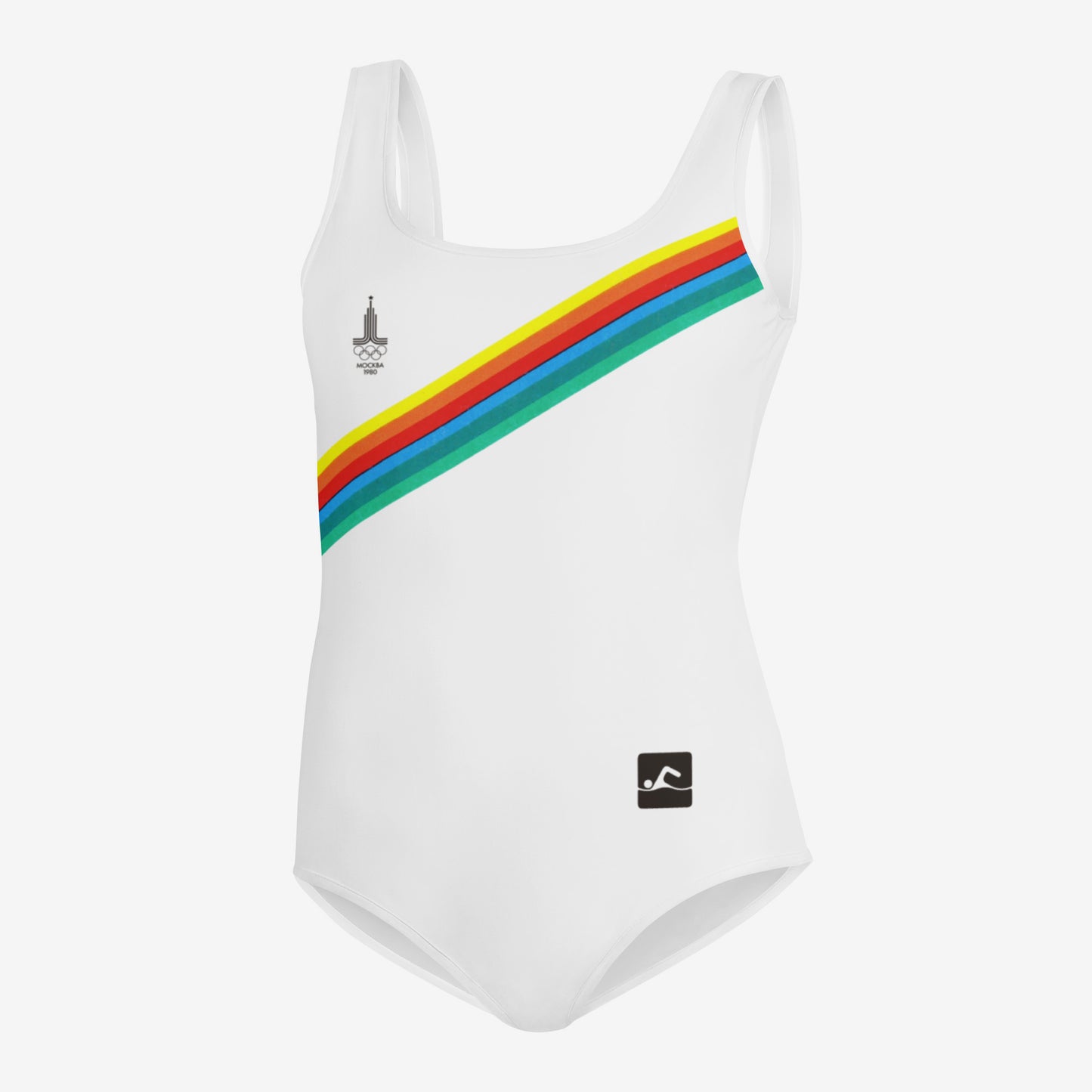 Vintage white Soviet Olympic Games youth one piece swimsuit with Moscow 1980 Olympic Games logo