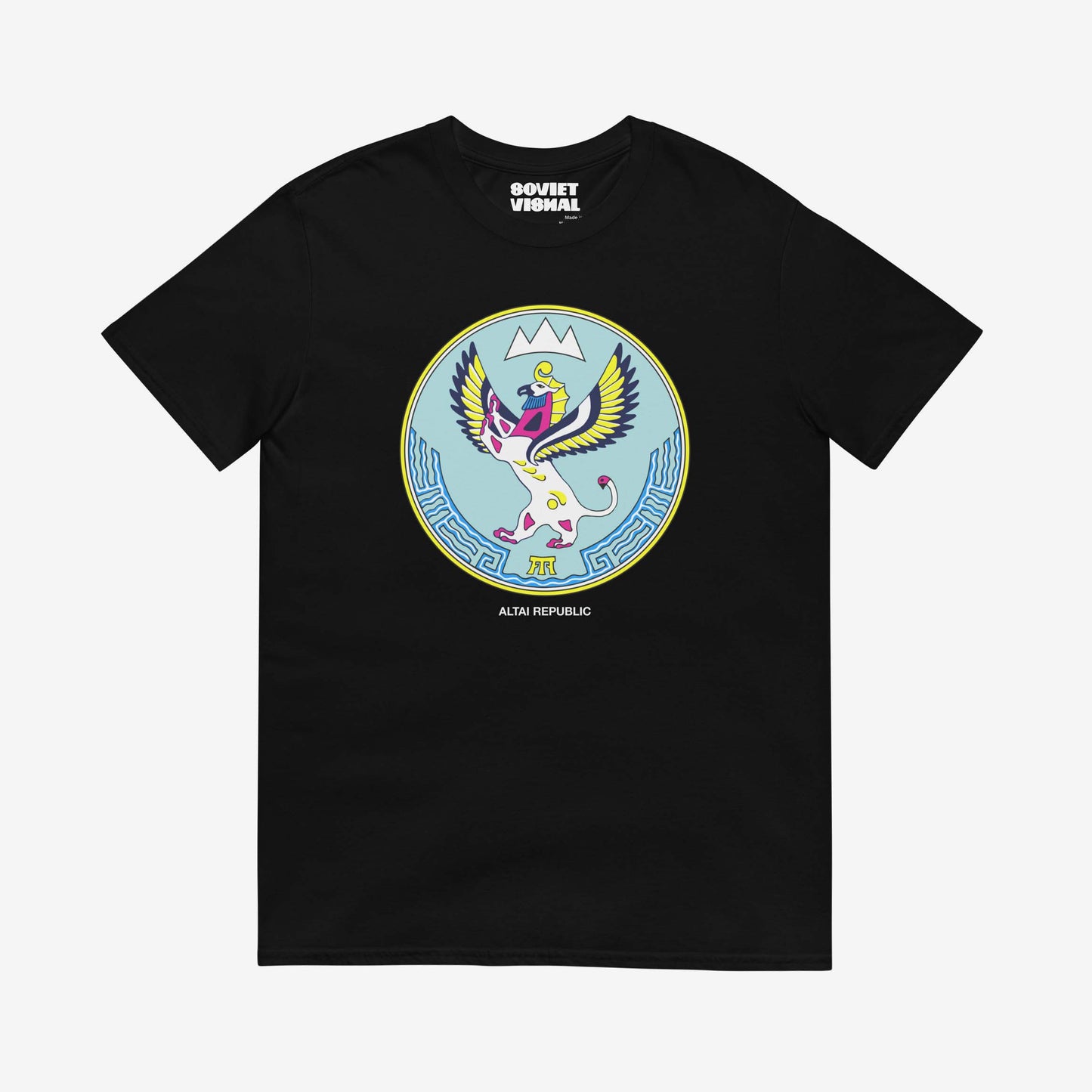 T-shirt featuring the Altai Republic coat of arms, a unique emblem with Russian and Soviet design influences. Rare and striking symbol.