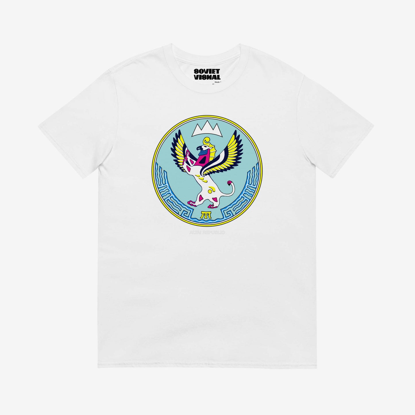 T-shirt featuring the Altai Republic coat of arms, a unique emblem with Russian and Soviet design influences. Rare and striking symbol.
