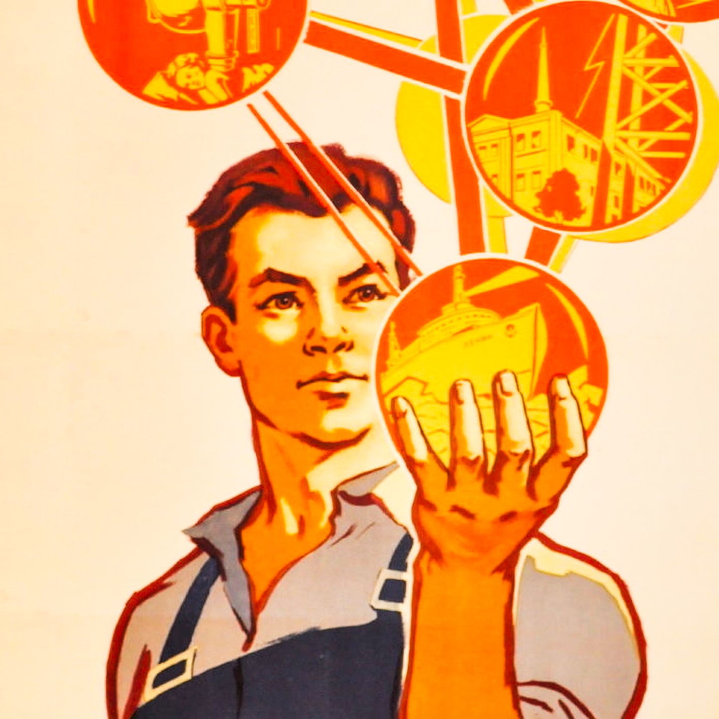 Vintage Soviet postcard featuring a young nuclear scientist and the slogan "Атом в мирных целях!" ("Atom for Peaceful Purposes!") promoting peaceful nuclear energy.