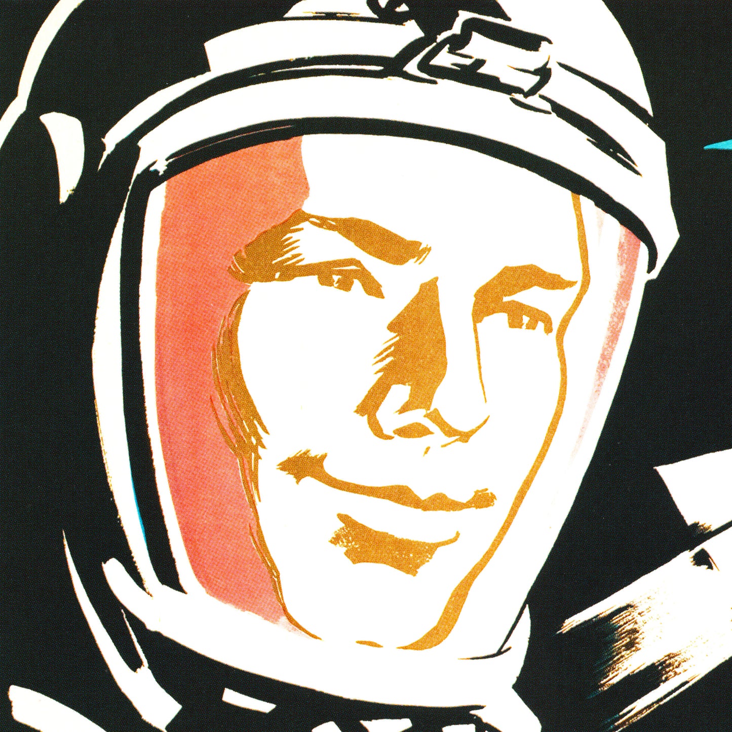 Large Soviet space poster featuring Yuri Gagarin in a spacesuit, holding a glowing light, with a Vostok rocket marked "CCCP" launching into space. Premium high-resolution print on quality Japanese paper.
