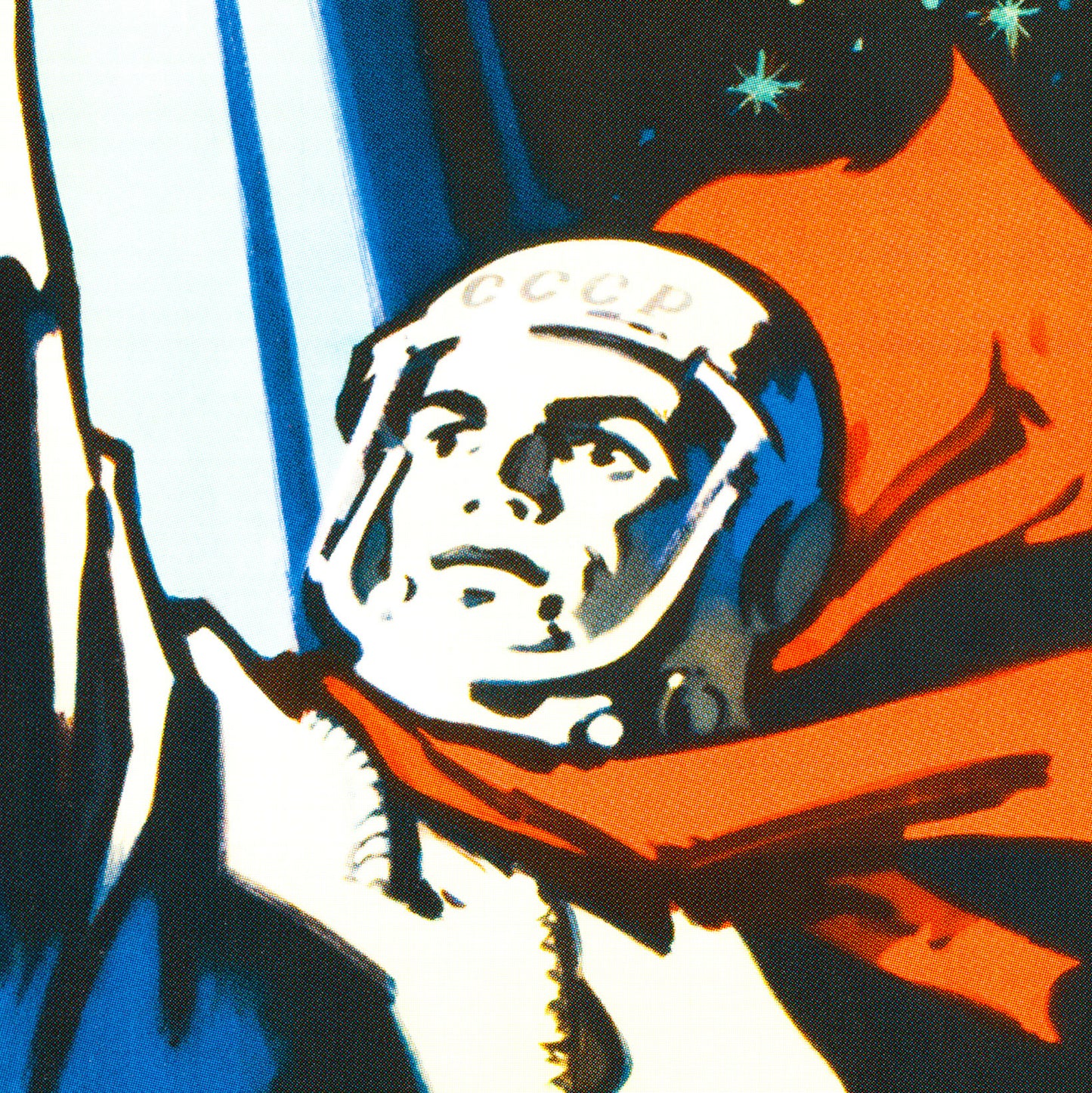 Large Soviet space poster featuring a cosmonaut on an alien planet holding the USSR State Emblem, emitting powerful lightning, with Earth, Saturn, and other planets in the cosmic background. High-resolution print on premium Japanese paper.