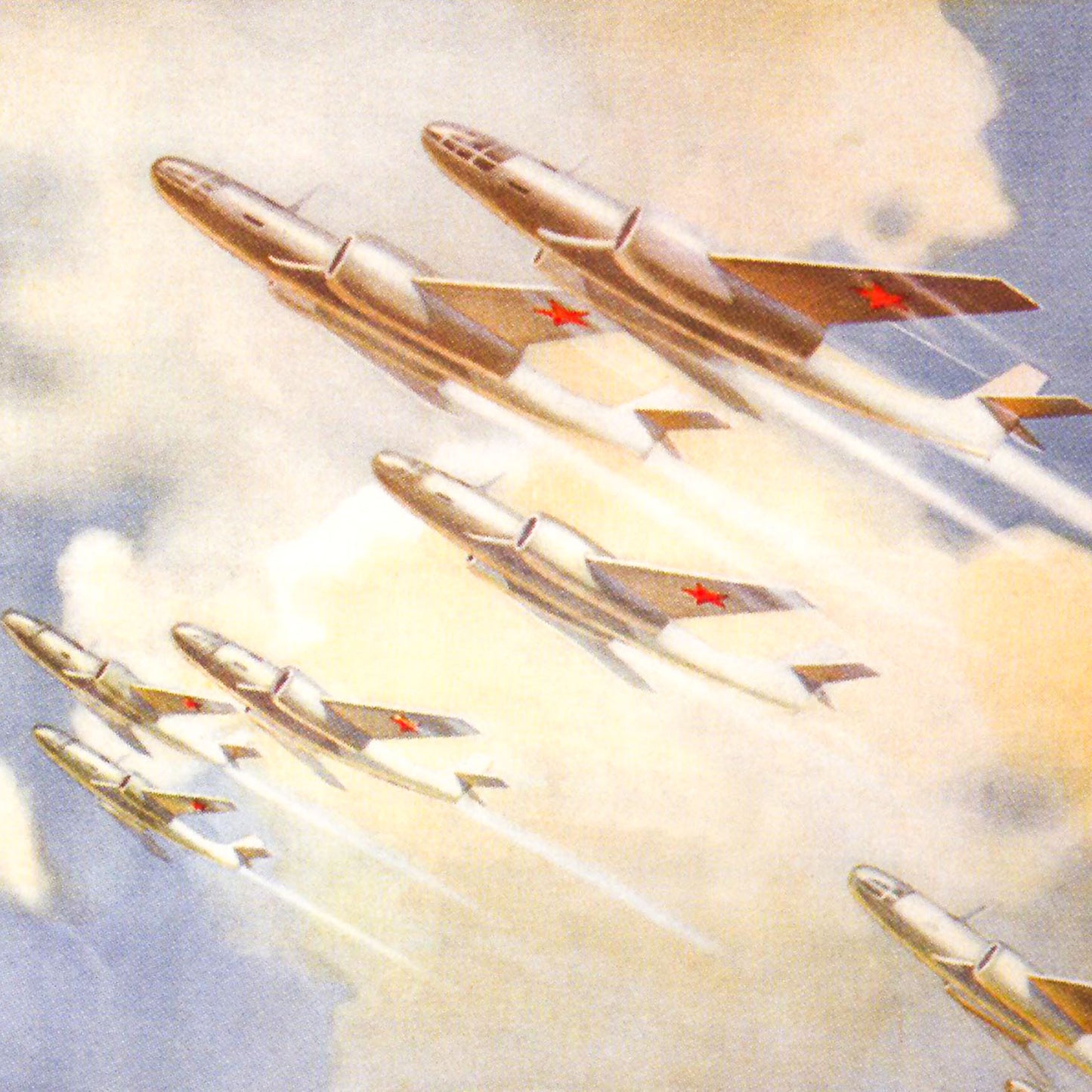 Soviet aviation poster "Fly Higher, Further, Faster!" featuring a warplane pilot with aircraft in the background, printed in the highest quality.
