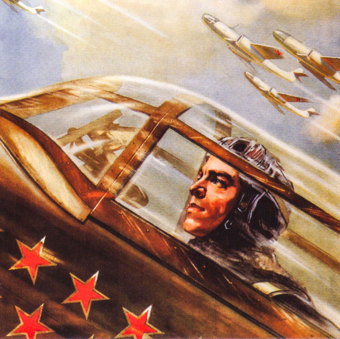 Soviet aviation poster "Fly Higher, Further, Faster!" featuring a warplane pilot with aircraft in the background, printed in the highest quality.