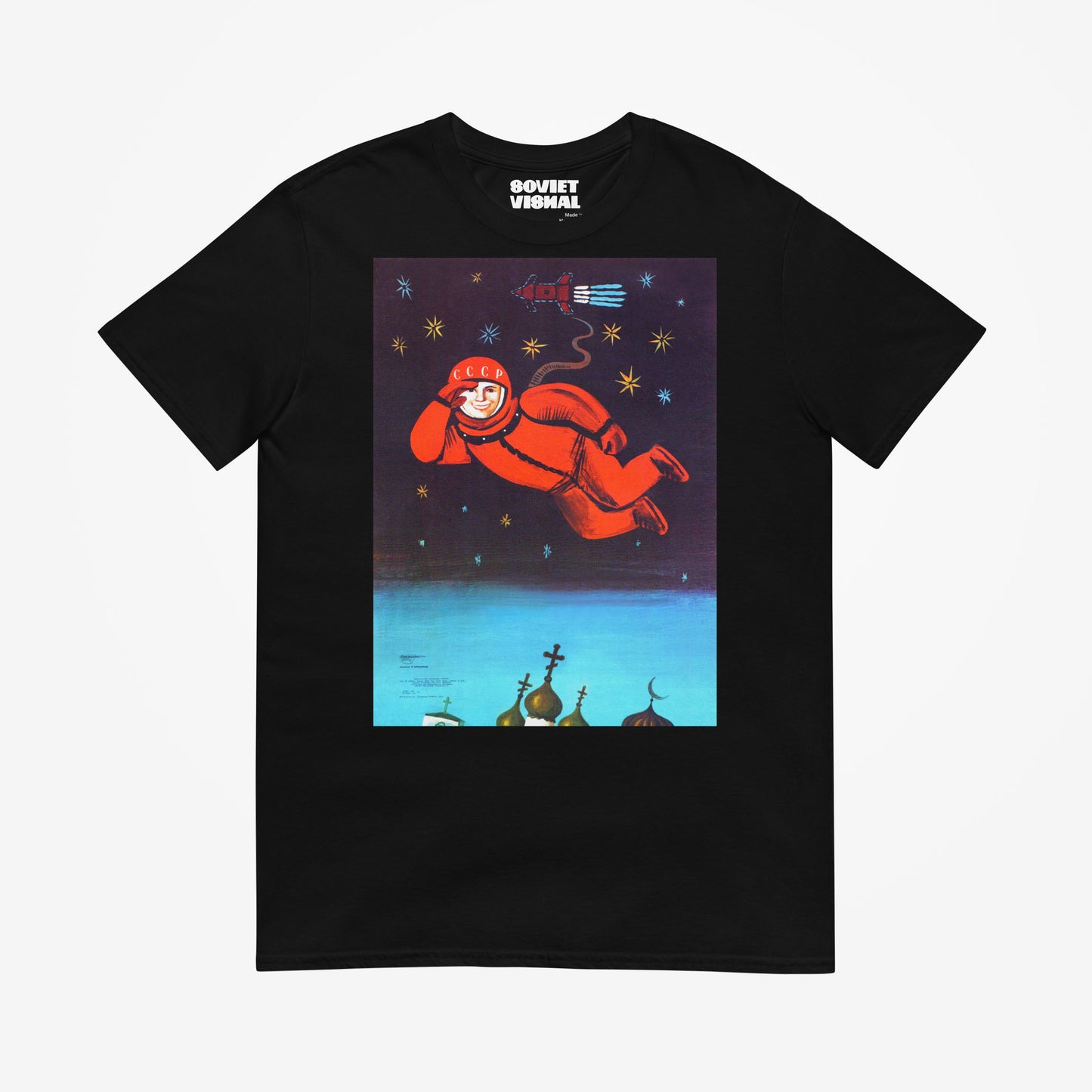 Black unisex t-shirt with Yuri Gagarin flying over orthodox churches - large soviet space art