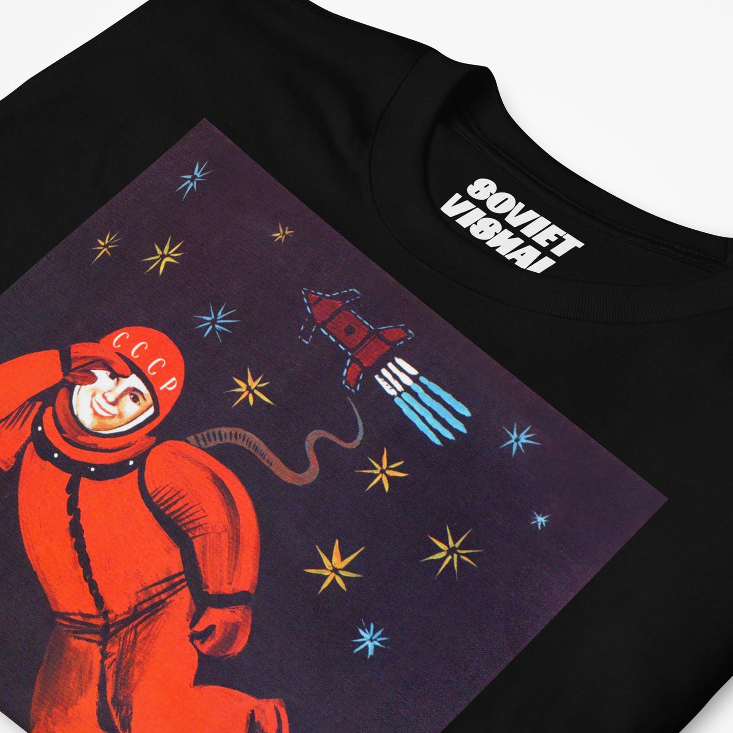Black unisex t-shirt with Yuri Gagarin flying over orthodox churches - large soviet space art