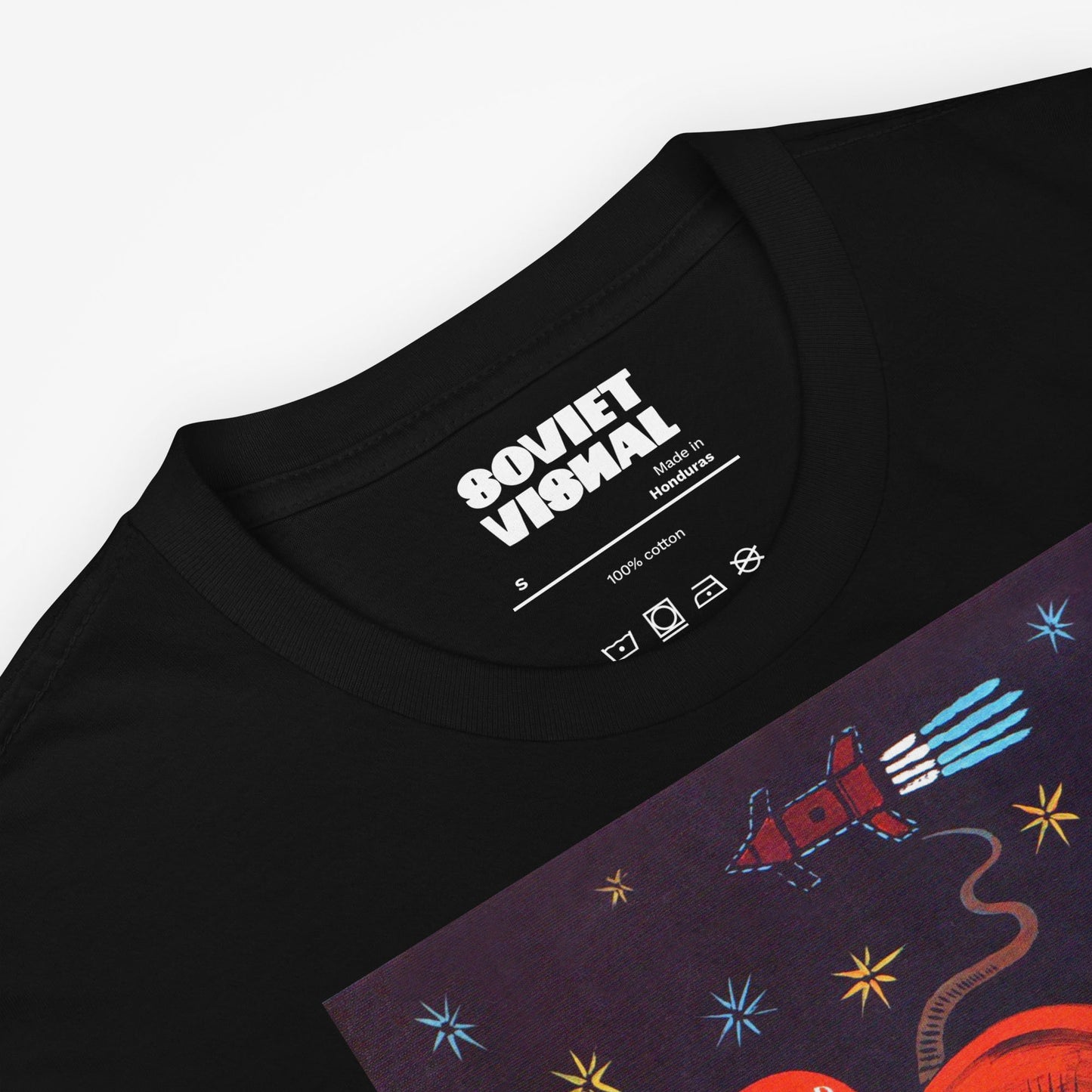 Black unisex t-shirt with Yuri Gagarin flying over orthodox churches - large soviet space art
