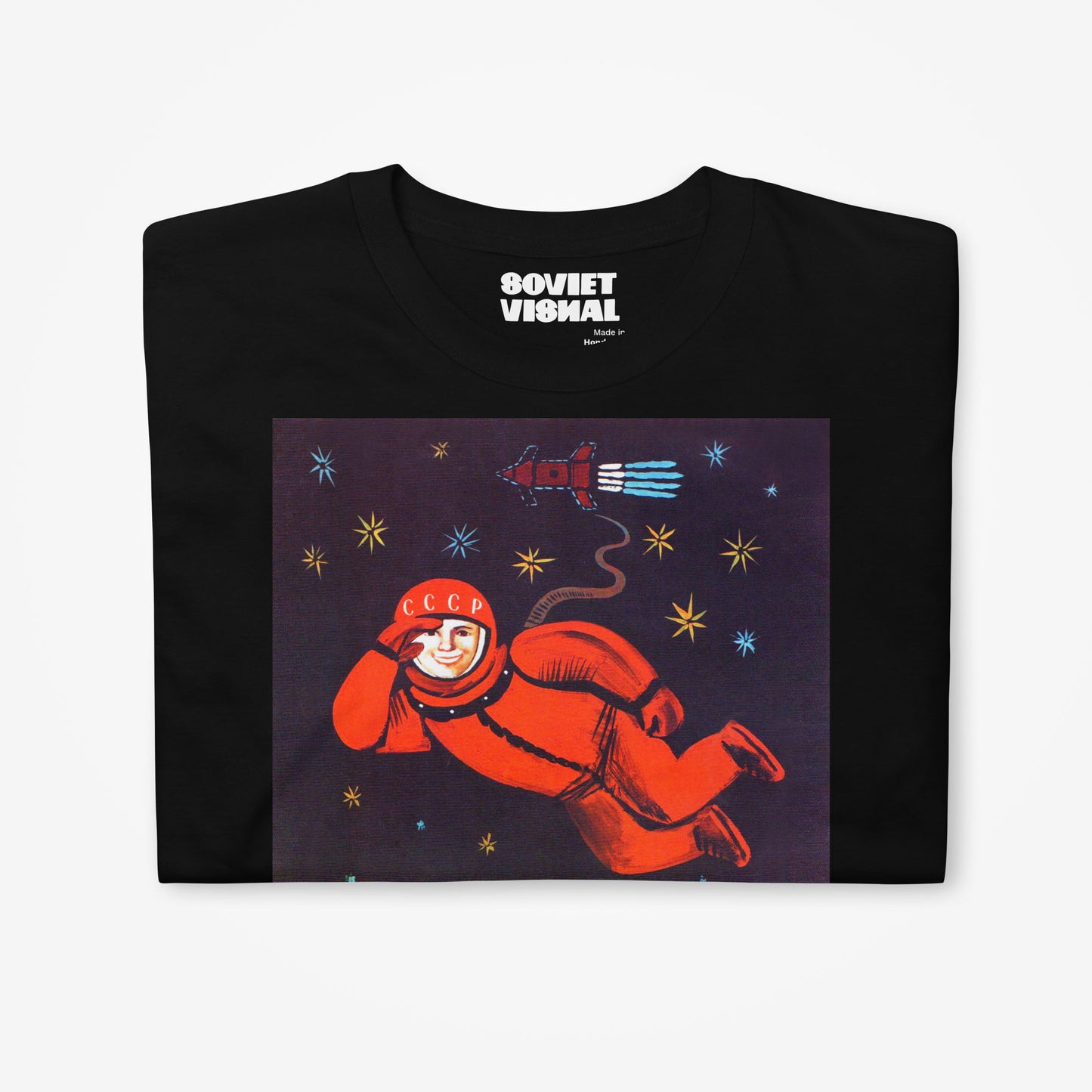 Black unisex t-shirt with Yuri Gagarin flying over orthodox churches - large soviet space art