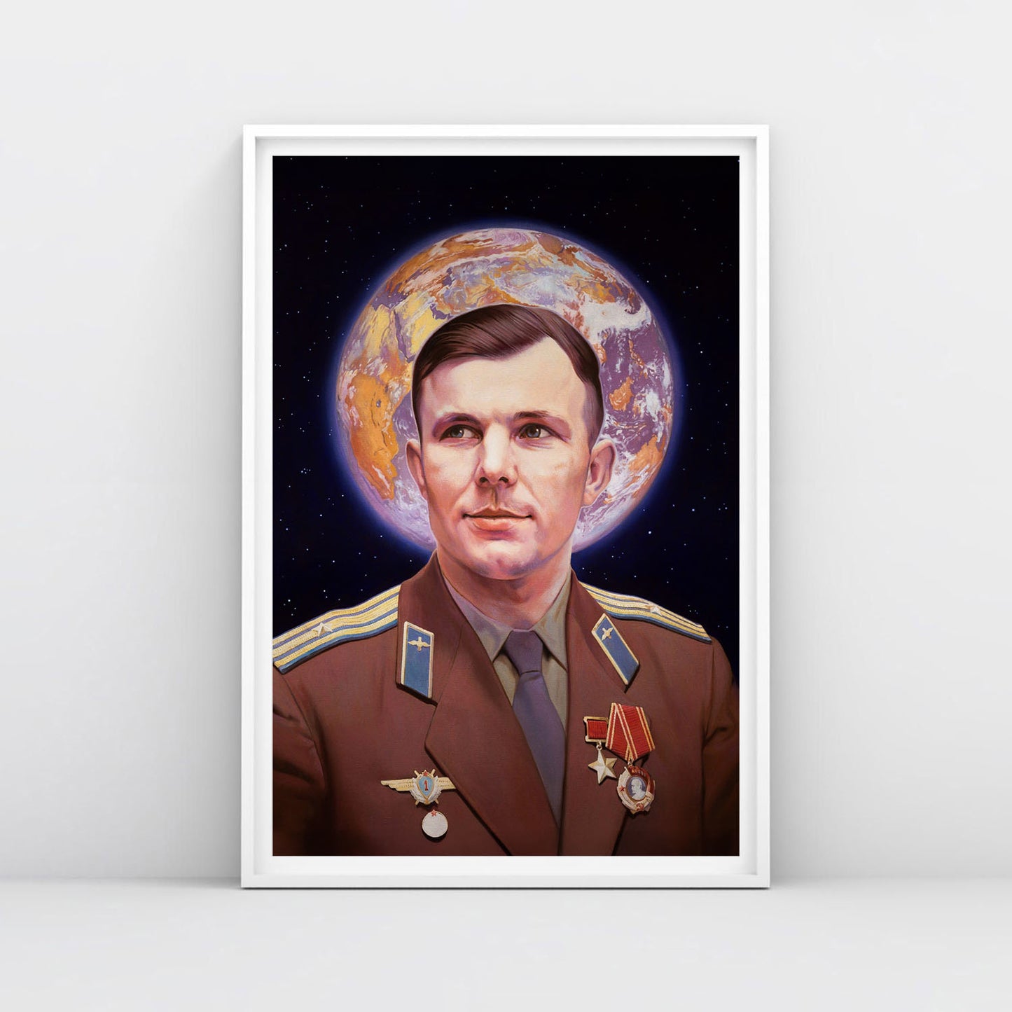 Poster of Yuri Gagarin in uniform with medals, Earth forming a halo behind his head, icon-like Soviet space art in cosmic background