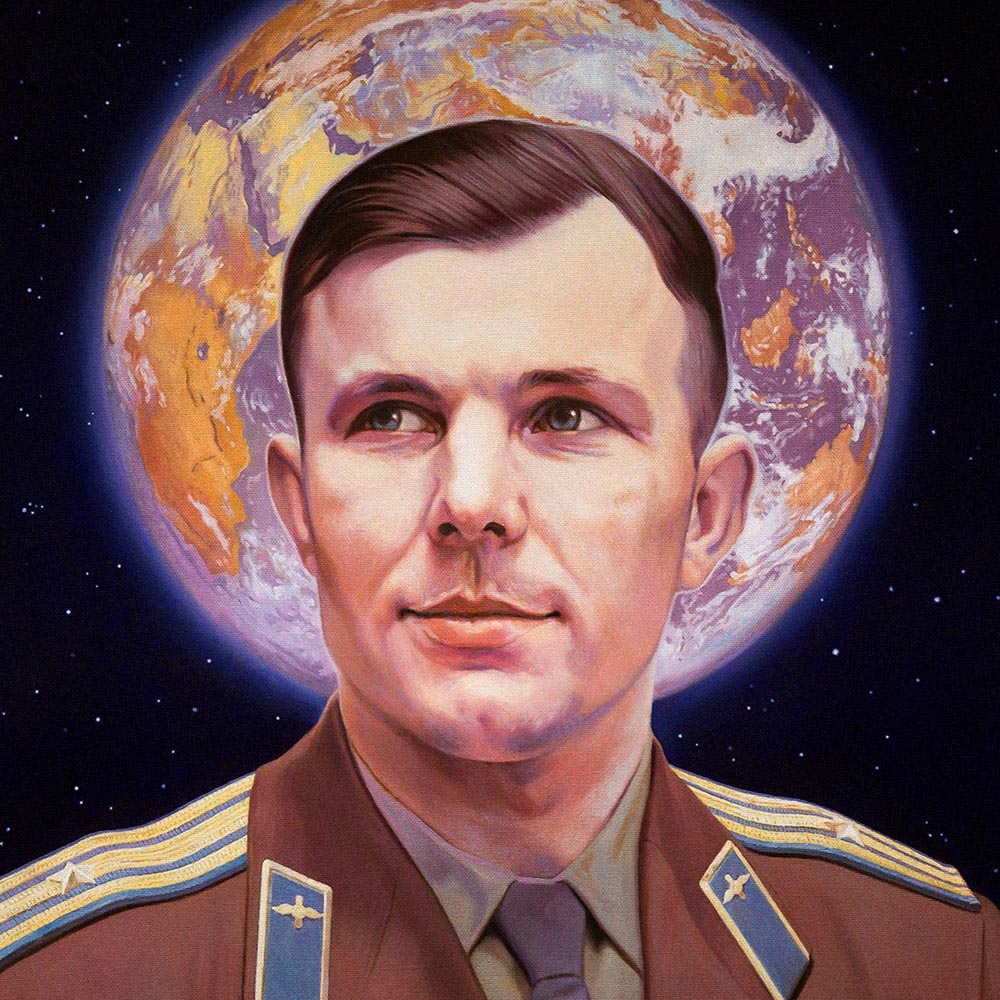 Poster of Yuri Gagarin in uniform with medals, Earth forming a halo behind his head, icon-like Soviet space art in cosmic background