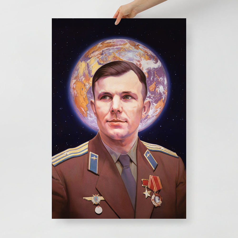 Poster of Yuri Gagarin in uniform with medals, Earth forming a halo behind his head, icon-like Soviet space art in cosmic background