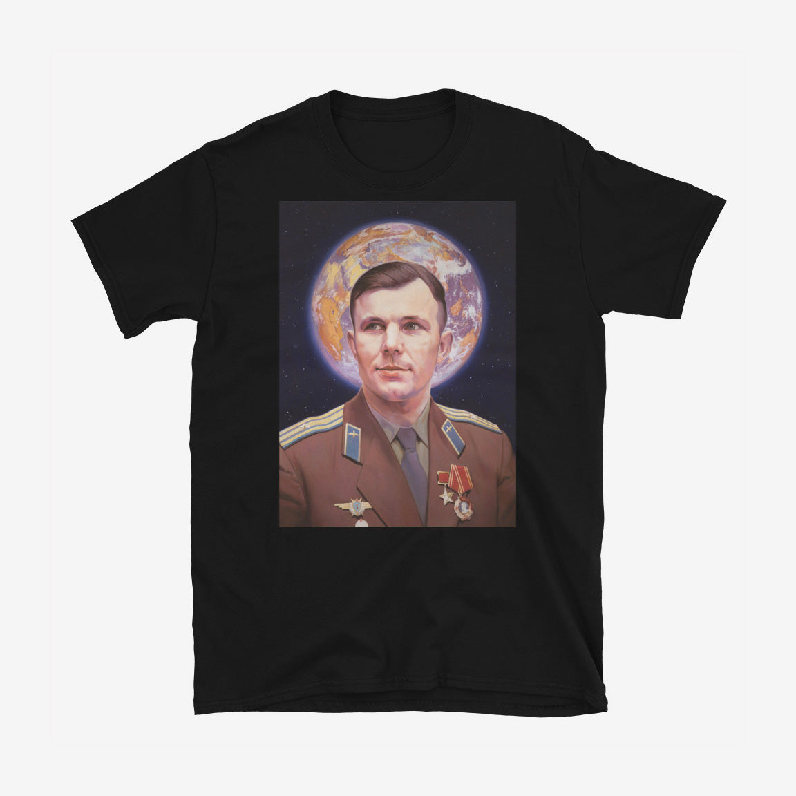 T-shirt with Yuri Gagarin in medals, Earth halo behind head, Soviet space icon design with Orthodox inspiration