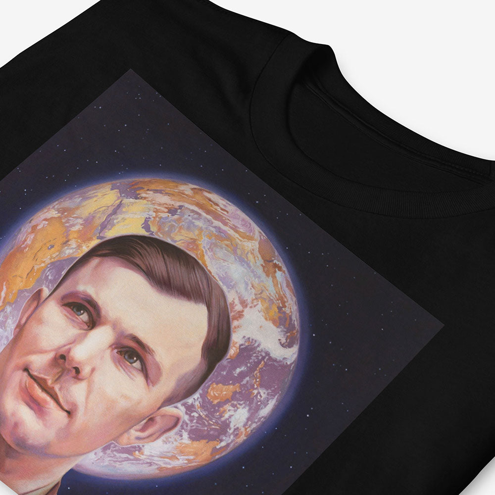 T-shirt with Yuri Gagarin in medals, Earth halo behind head, Soviet space icon design with Orthodox inspiration