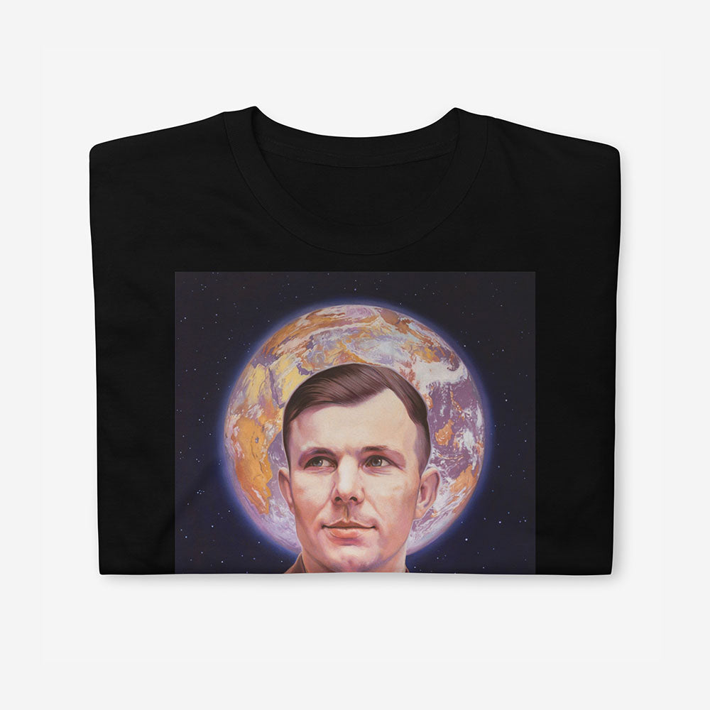 T-shirt with Yuri Gagarin in medals, Earth halo behind head, Soviet space icon design with Orthodox inspiration