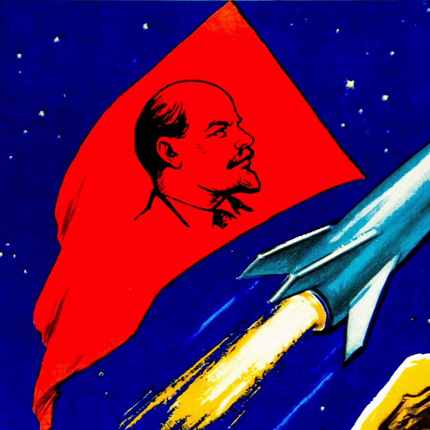 Soviet space poster featuring Yuri Gagarin, a Lenin banner, and a launching rocket with the text "Glory to the Soviet people – the conquerors of space!"