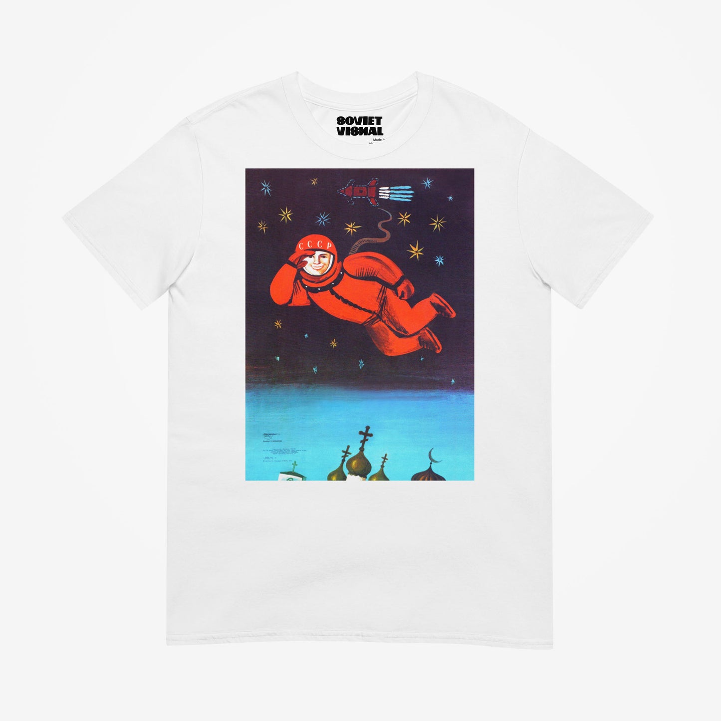 white unisex t-shirt with Yuri Gagarin flying over orthodox churches - large soviet space art