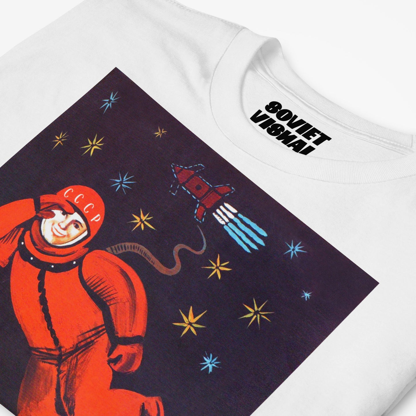 white unisex t-shirt with Yuri Gagarin flying over orthodox churches - large soviet space art