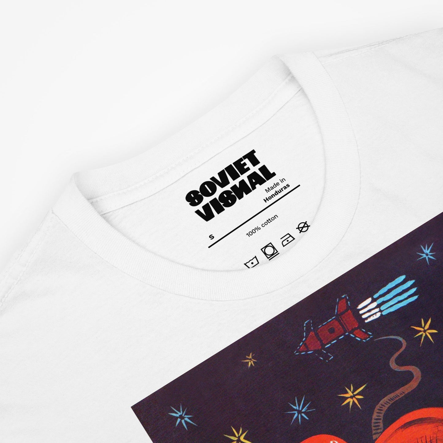 white unisex t-shirt with Yuri Gagarin flying over orthodox churches - large soviet space art