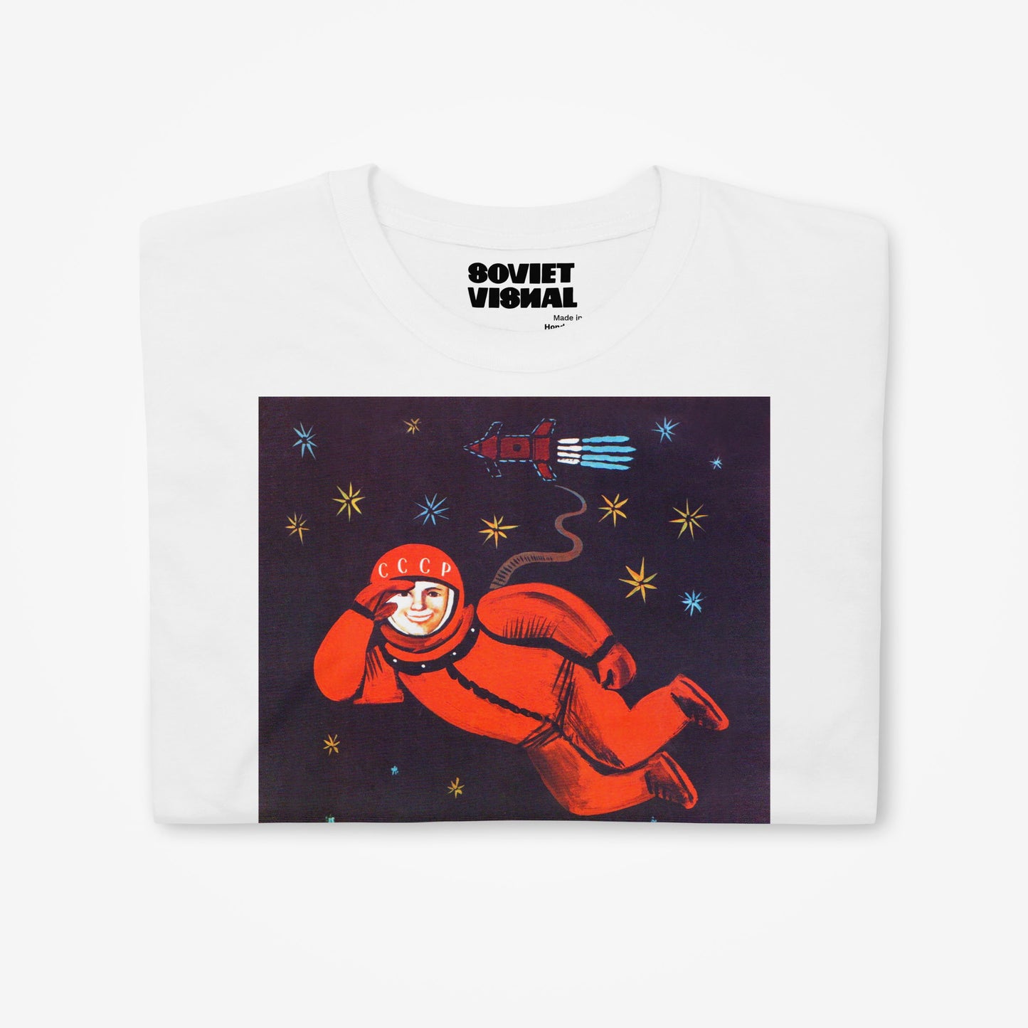 white unisex t-shirt with Yuri Gagarin flying over orthodox churches - large soviet space art