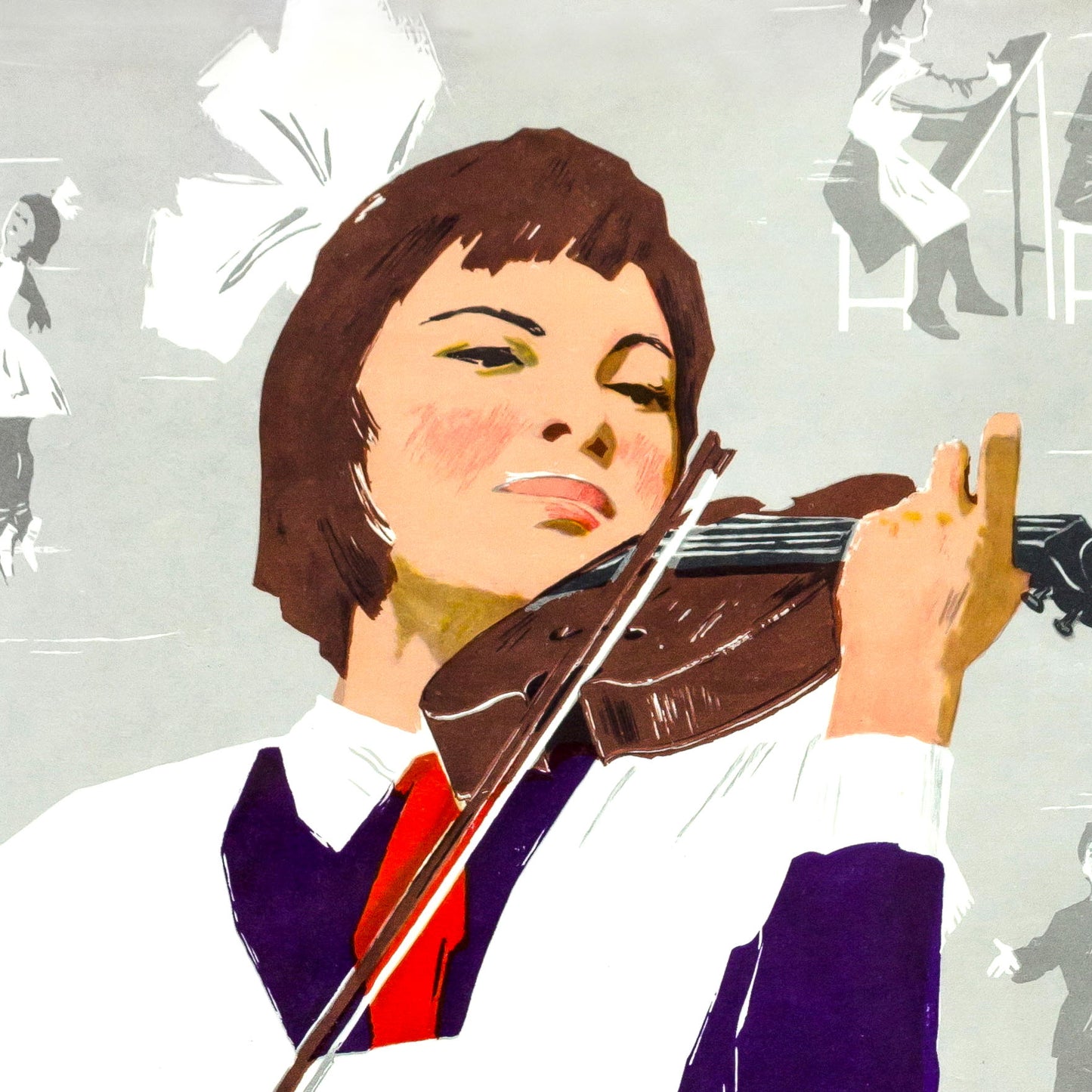 Vintage Soviet poster of a young girl playing the violin, symbolizing the USSR’s emphasis on music and the arts, with classic propaganda-style design.