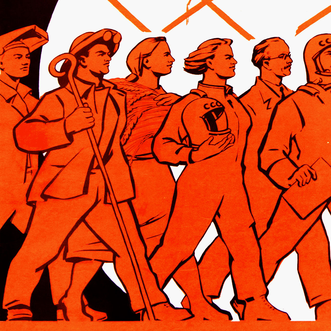 Vintage Soviet space poster featuring cosmonauts, scientists, and engineers with the Earth in the background. Bold text praising space heroes and Soviet achievements. High-resolution archival-quality print.