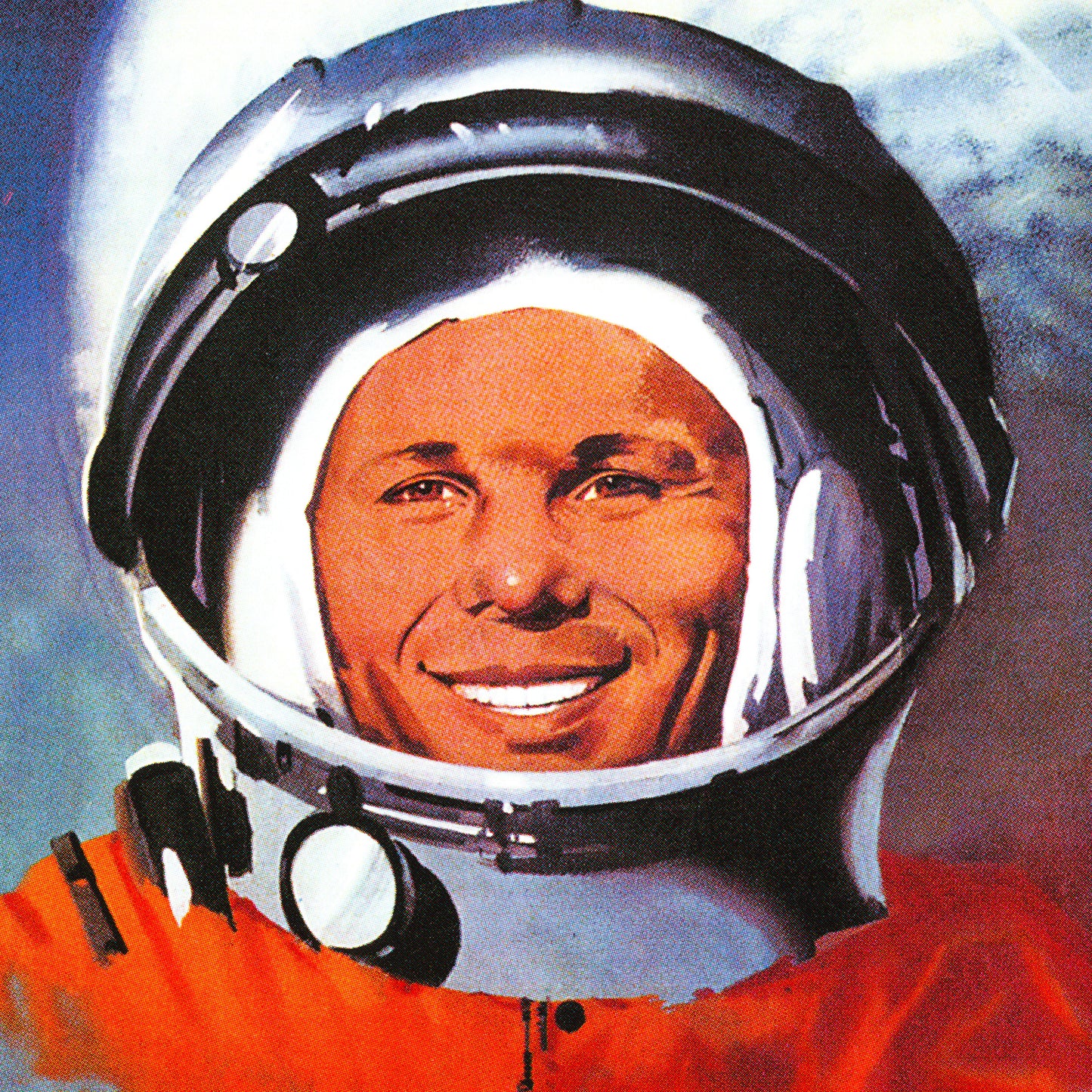 Large Soviet space poster featuring Yuri Gagarin in his cosmonaut suit, a space rocket with the hammer and sickle, and a tribute to the courage, labour, and mind of the Soviet people. High-resolution print on premium Japanese paper.