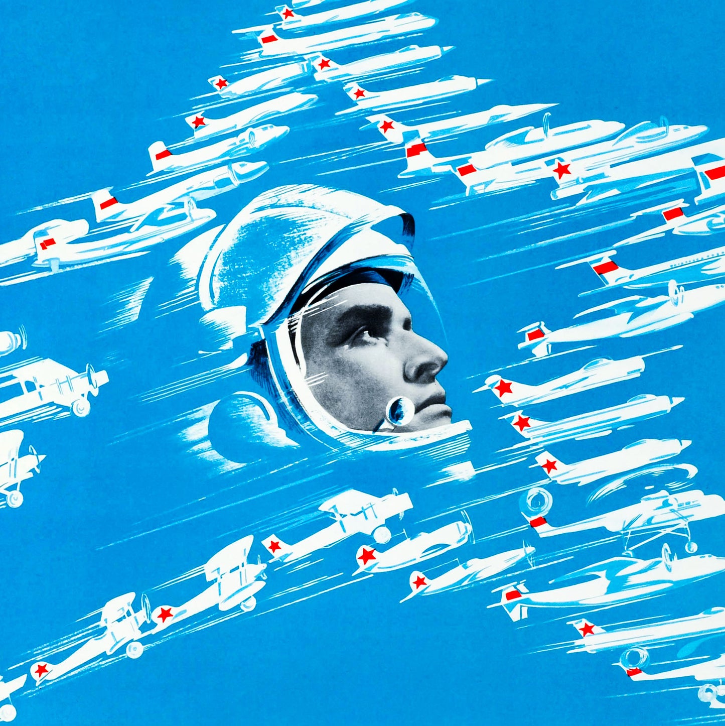 Soviet aviation propaganda poster with military and civil aircraft forming a star and a heroic pilot in a jet helmet.