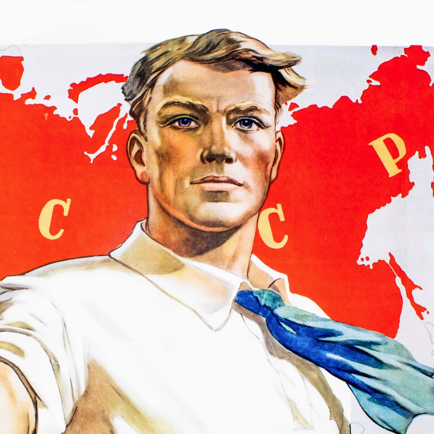 Soviet propaganda poster with a strong worker in a white shirt, standing before an atlas with “Peace” written in 13 languages.