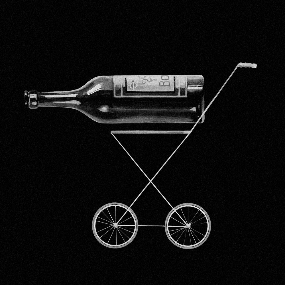 Soviet anti-alcohol poster with stroller and vodka bottle from 1983