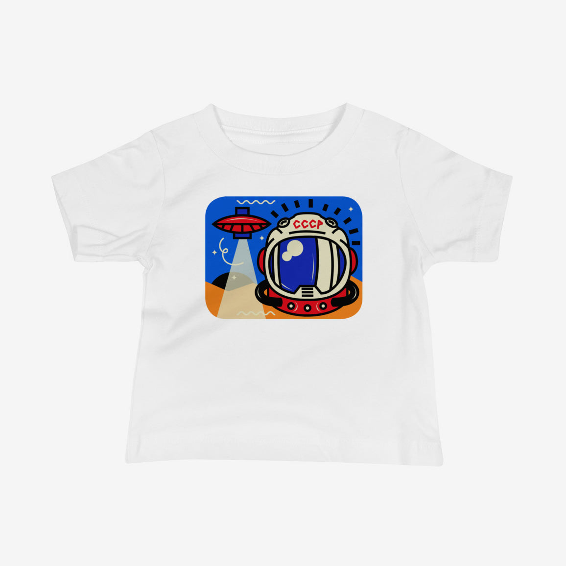 Unisex baby T-shirt with cute cosmonaut in scaphander and UFO illustration on white cotton