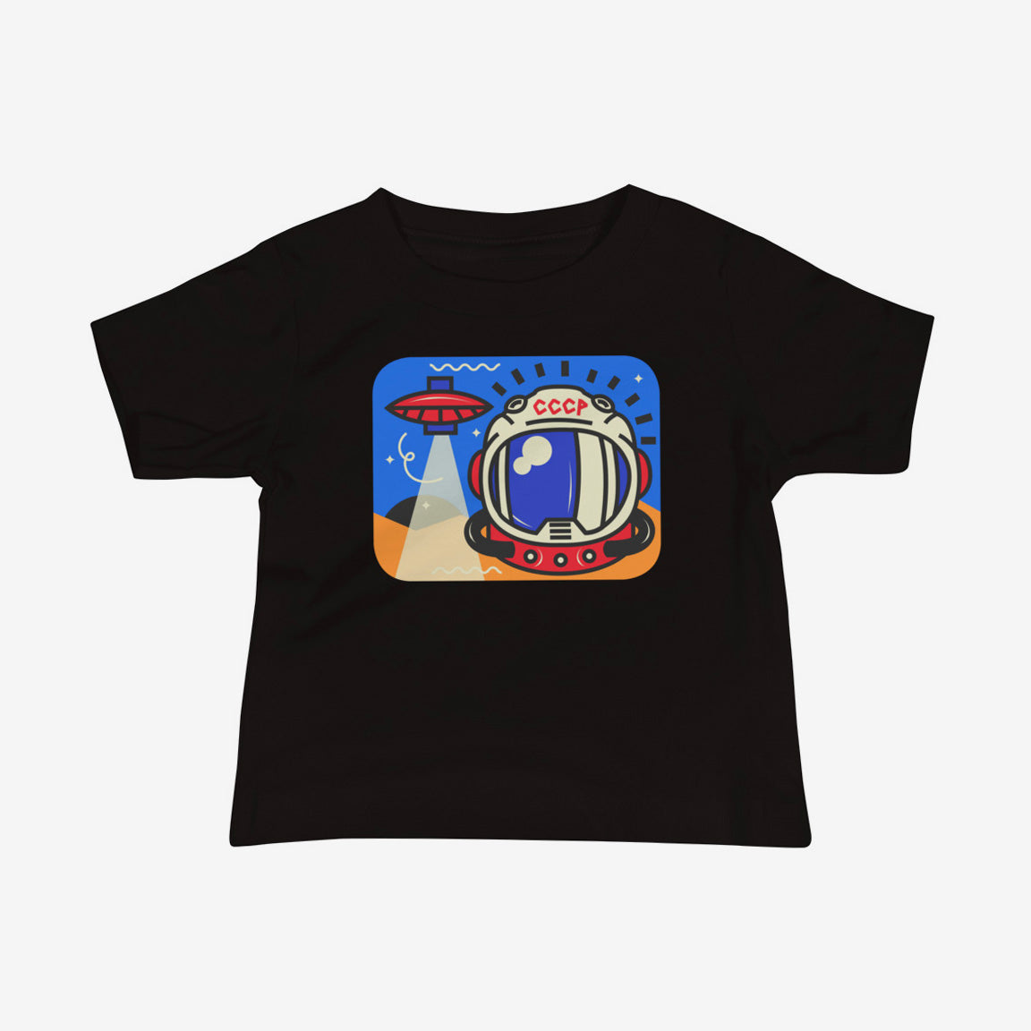 Unisex baby T-shirt with cute cosmonaut in scaphander and UFO illustration on white cotton
