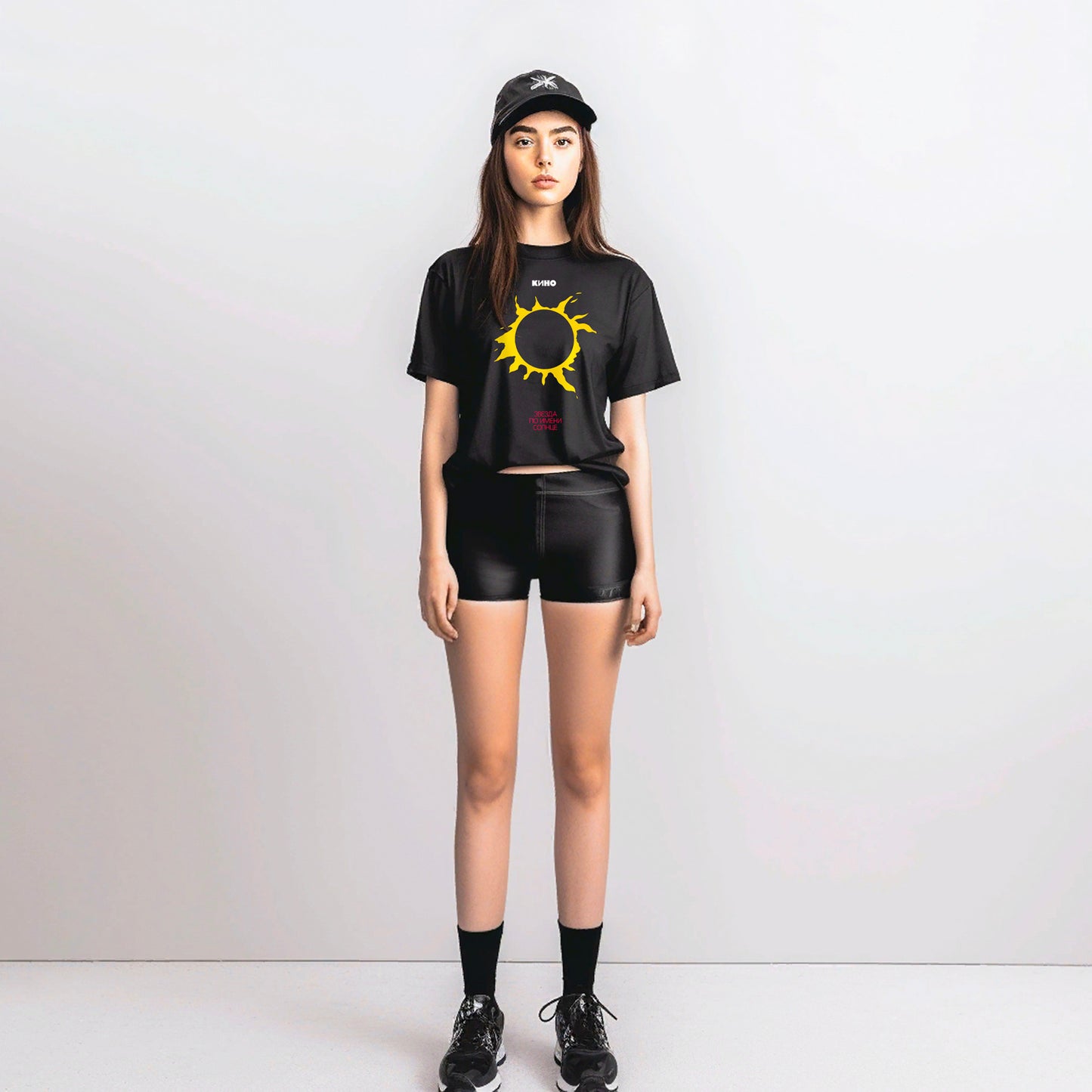 Cute punk girl wearing Viktor Tsoi, Gruppa KINO, Star called Sun unisex black T-shirt