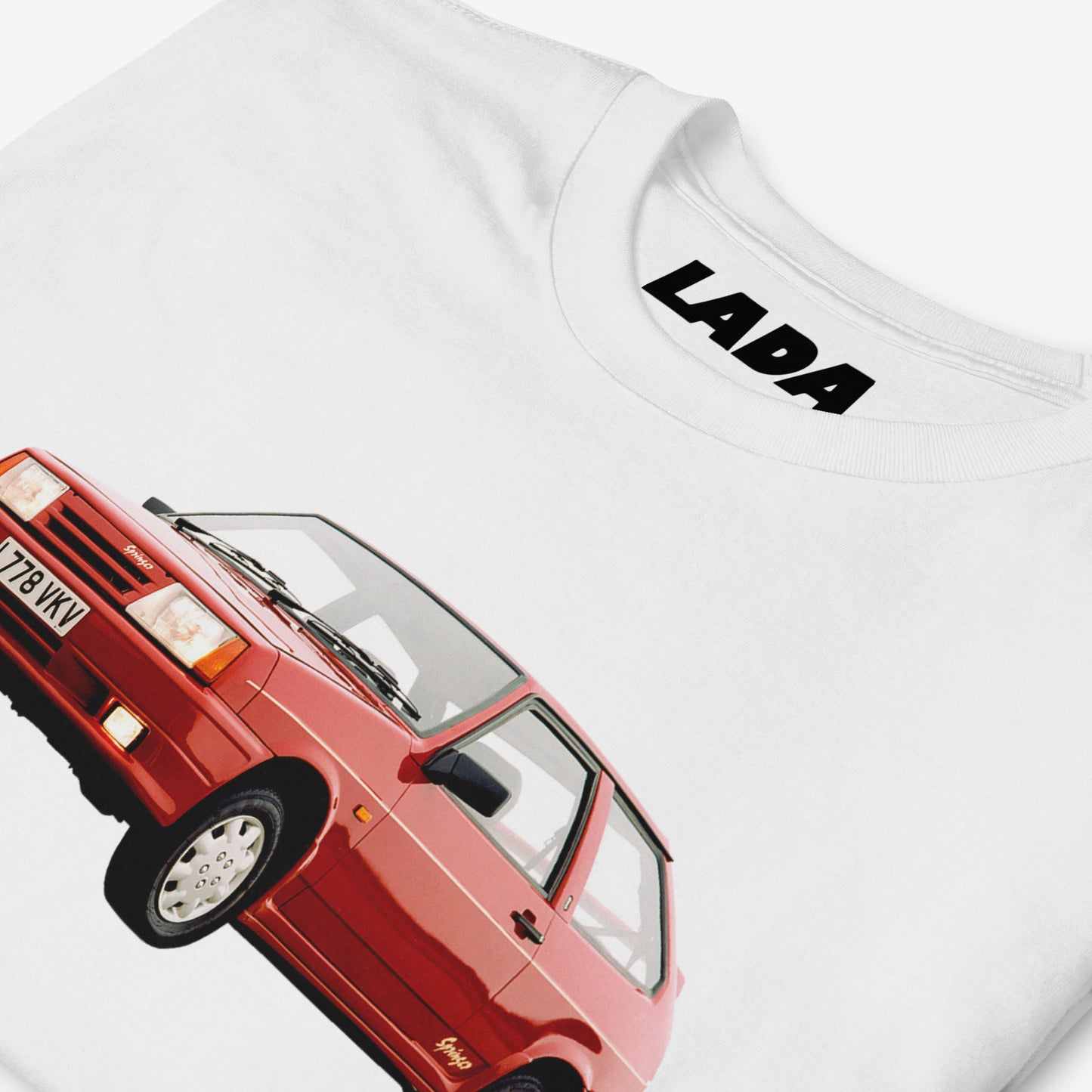 Premium white unisex T-shirt with legendary Soviet red Lada 2108 (VAZ-2108)