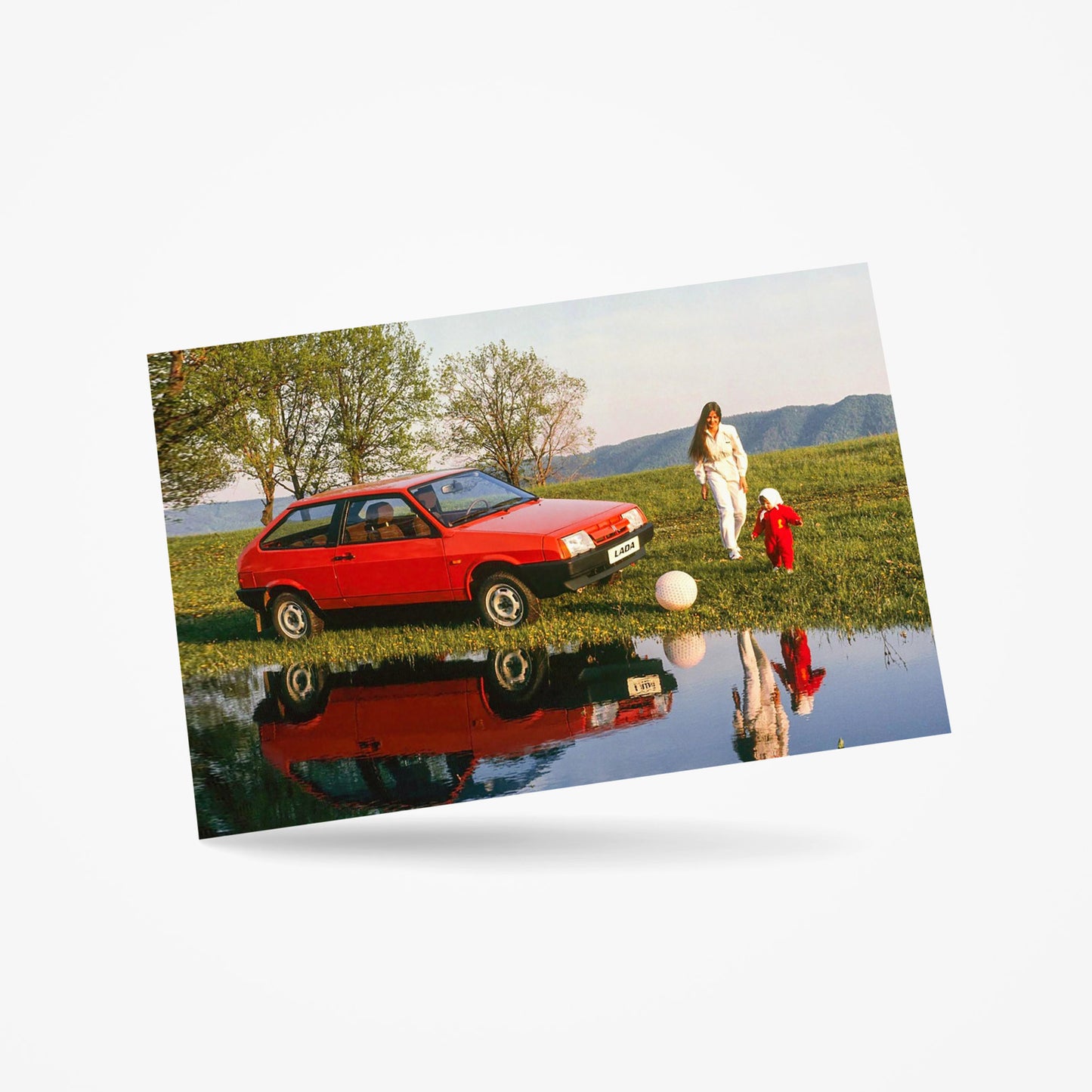 Vintage-style postcard featuring a classic Lada Samara, an iconic Soviet-era car.
