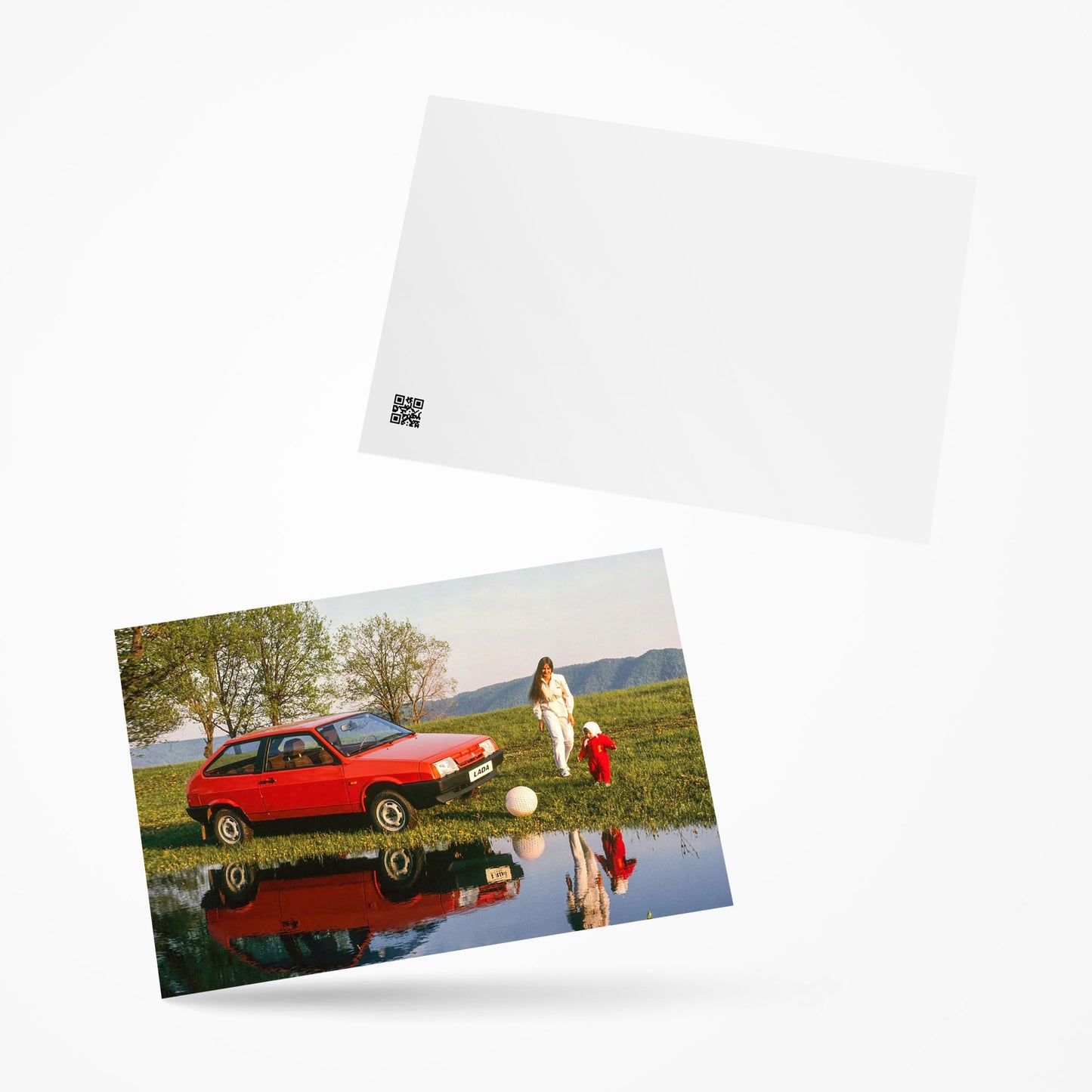 Traditional postcard layout with space for writing, featuring a Soviet automotive themeFront and Back